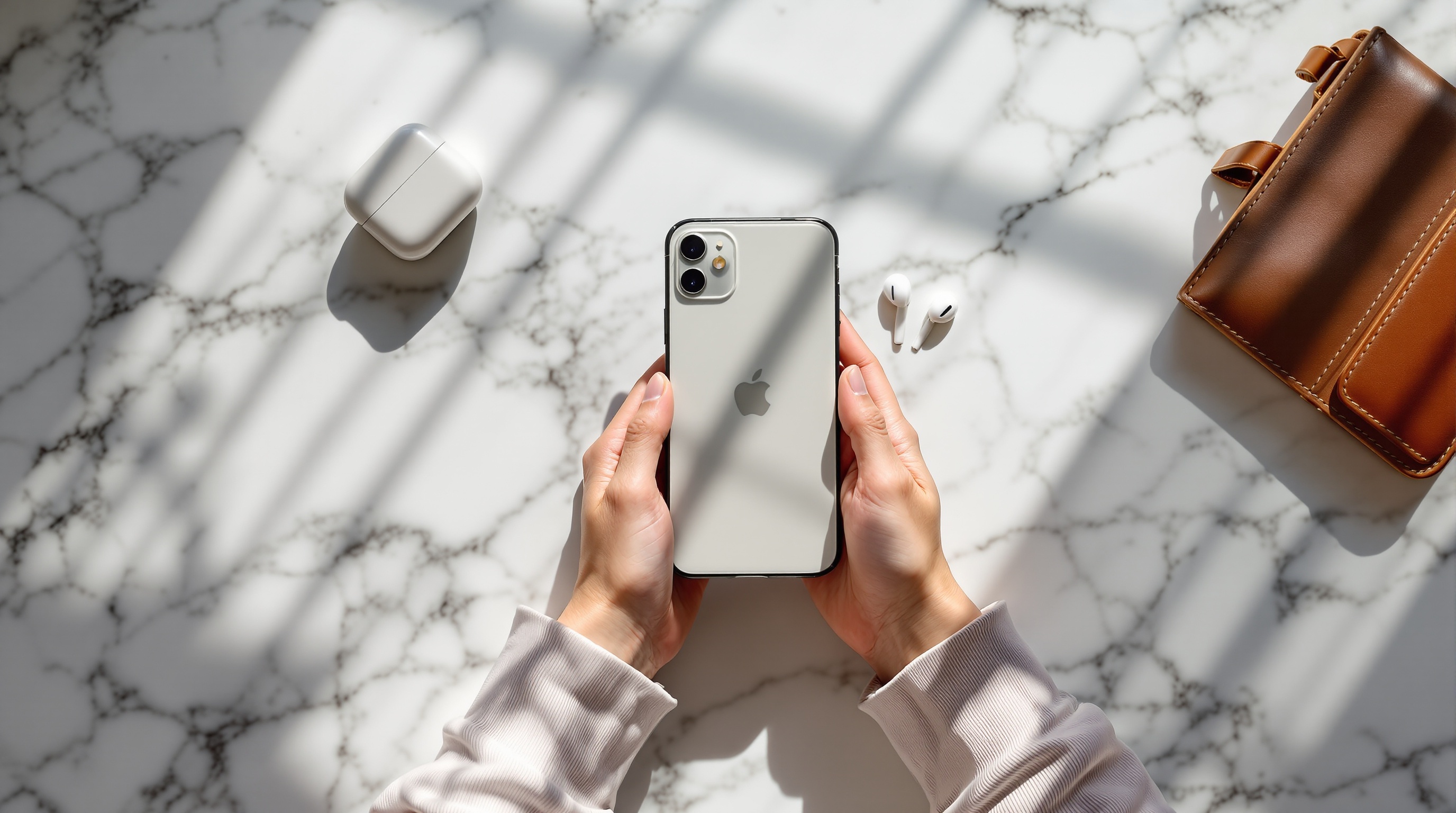 A hand holding an iPhone showing the Privacy and Security settings screen with photo permissions visible