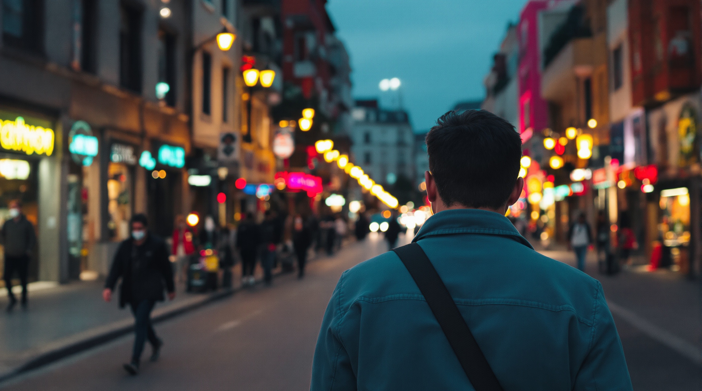 A person walking through a busy city street at dusk, holding a phone at their side, shot from behind with a 35mm lens and natural blue-hour light
