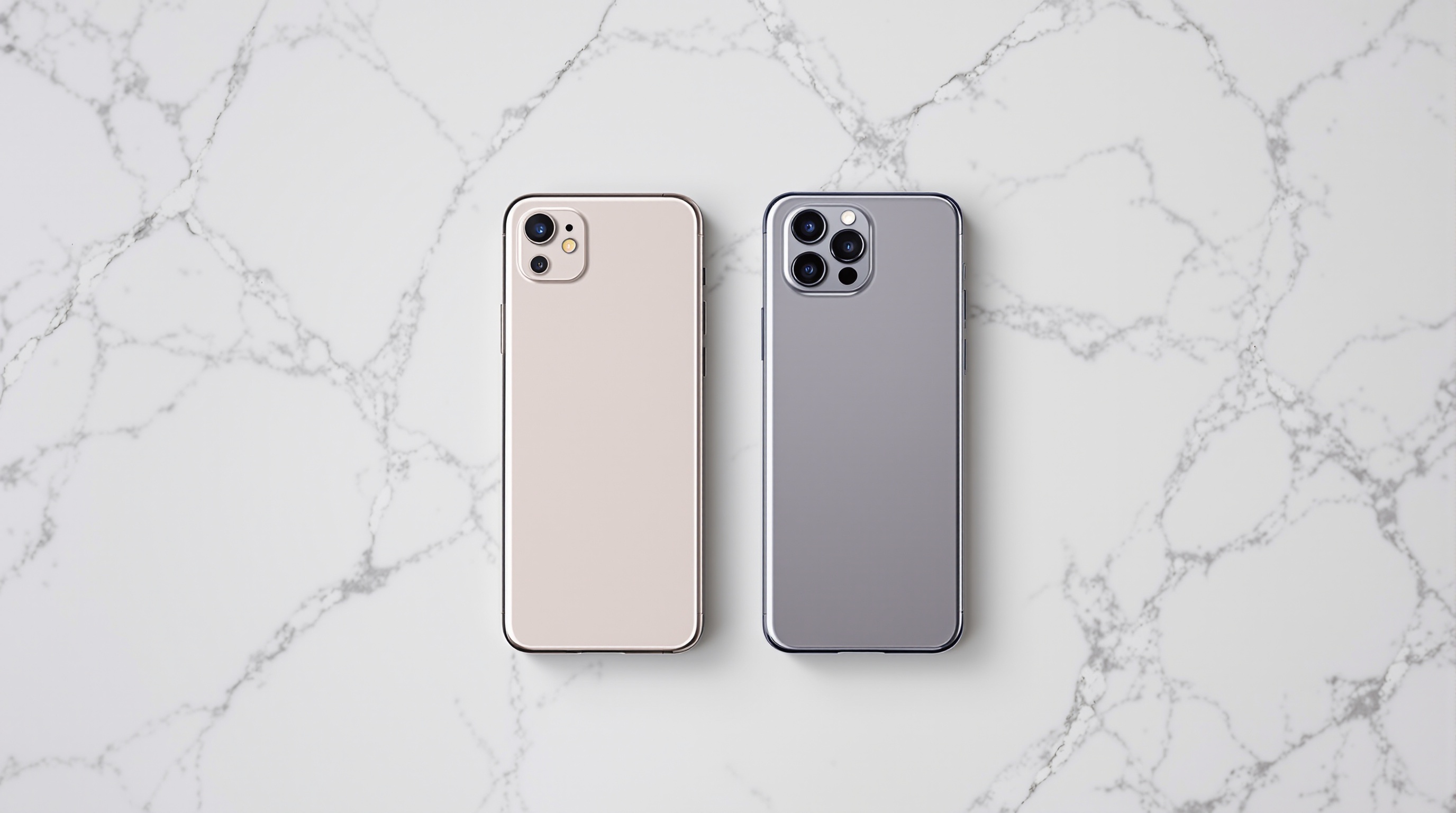 An iPhone and Android phone lying side by side on a light wooden desk with soft natural light