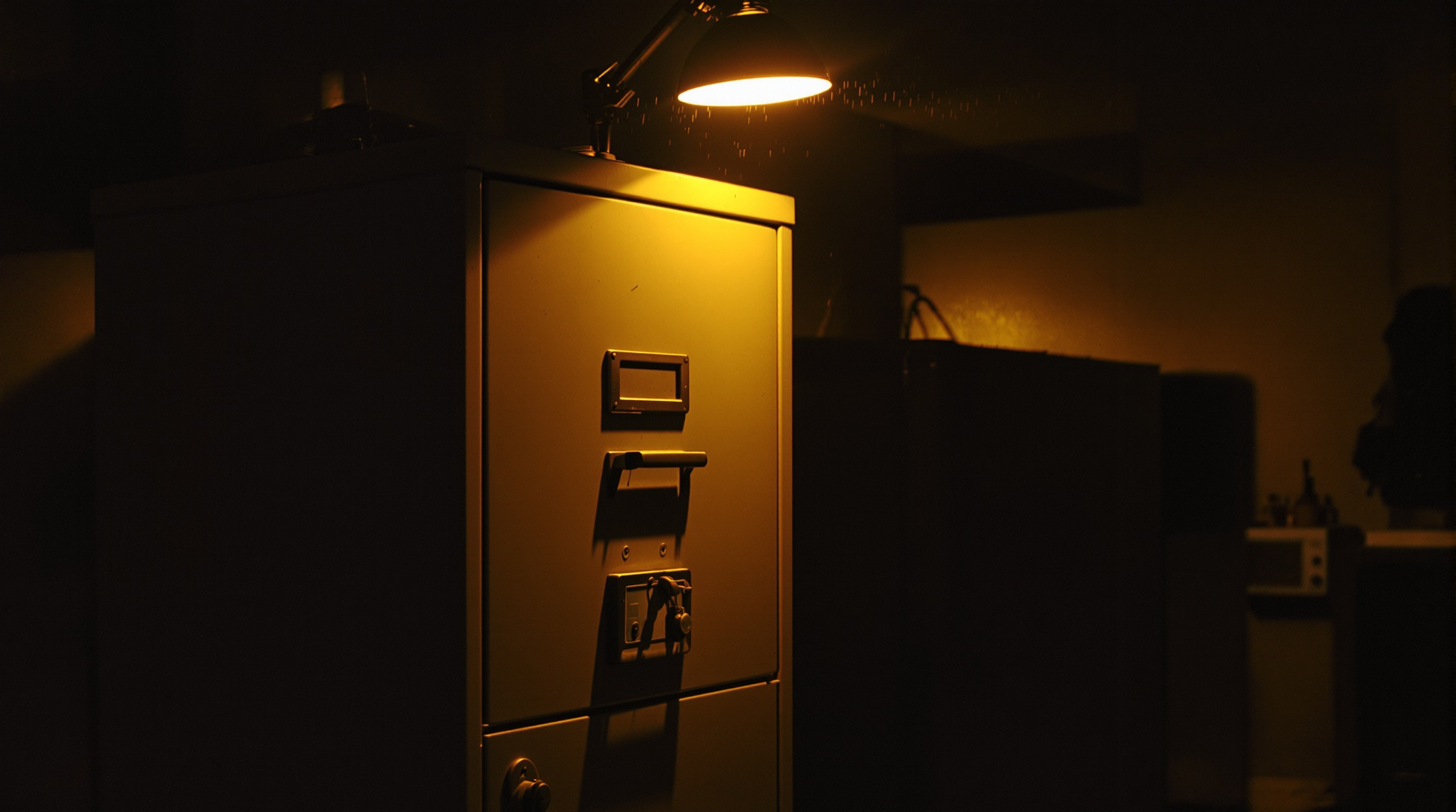 A locked metal filing cabinet in a dimly lit archive room, warm tungsten light from a desk lamp, dust particles visible in the light beam, shot on Canon R6 with 50mm f/1.8, environmental portrait style, warm amber tones with dark shadows