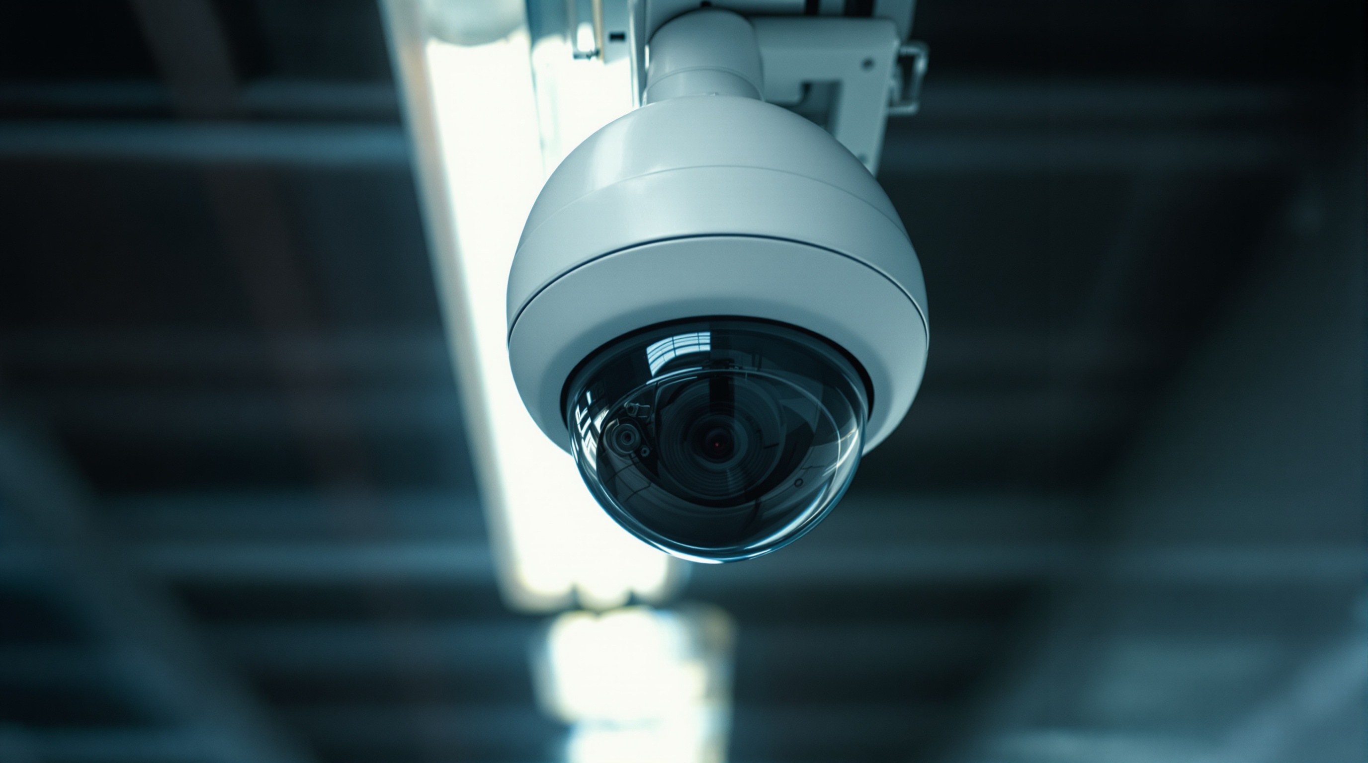 Close-up of a surveillance camera dome mounted on a ceiling bracket, fluorescent lighting reflecting off the dark glass, shot on Fujifilm X-T5 with 90mm f/2, tight crop detail shot, clinical cool white balance, slight film grain