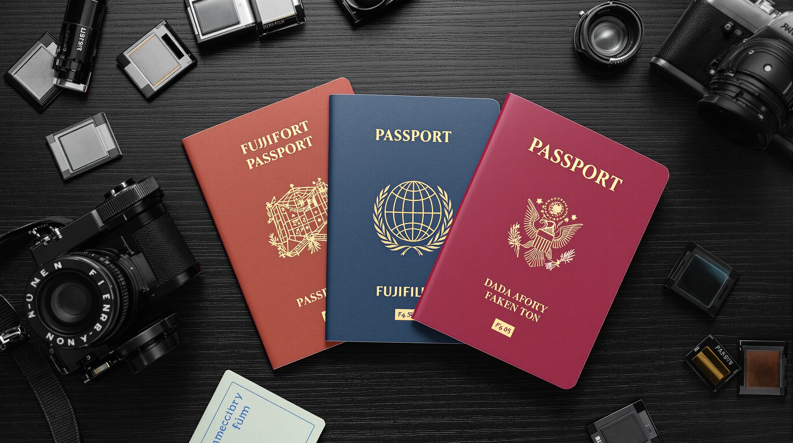 Passports from different countries laid open on a dark surface next to analog cameras and film negatives representing global privacy divergence