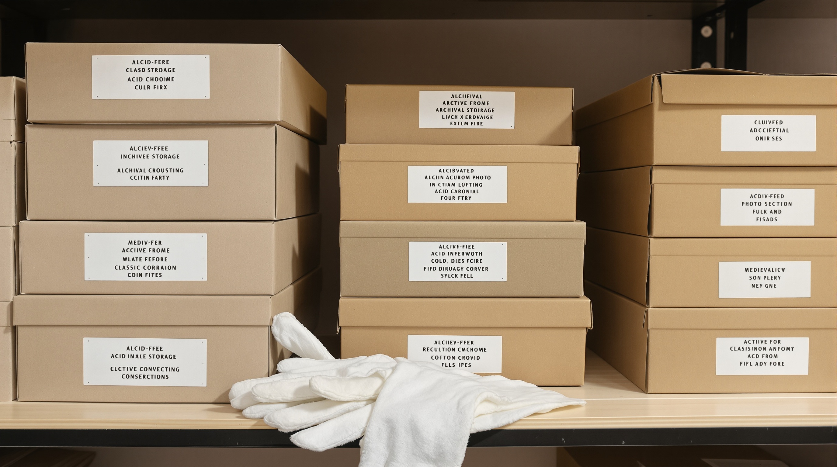 Neatly organized photo prints in archival storage boxes with protective gloves beside them