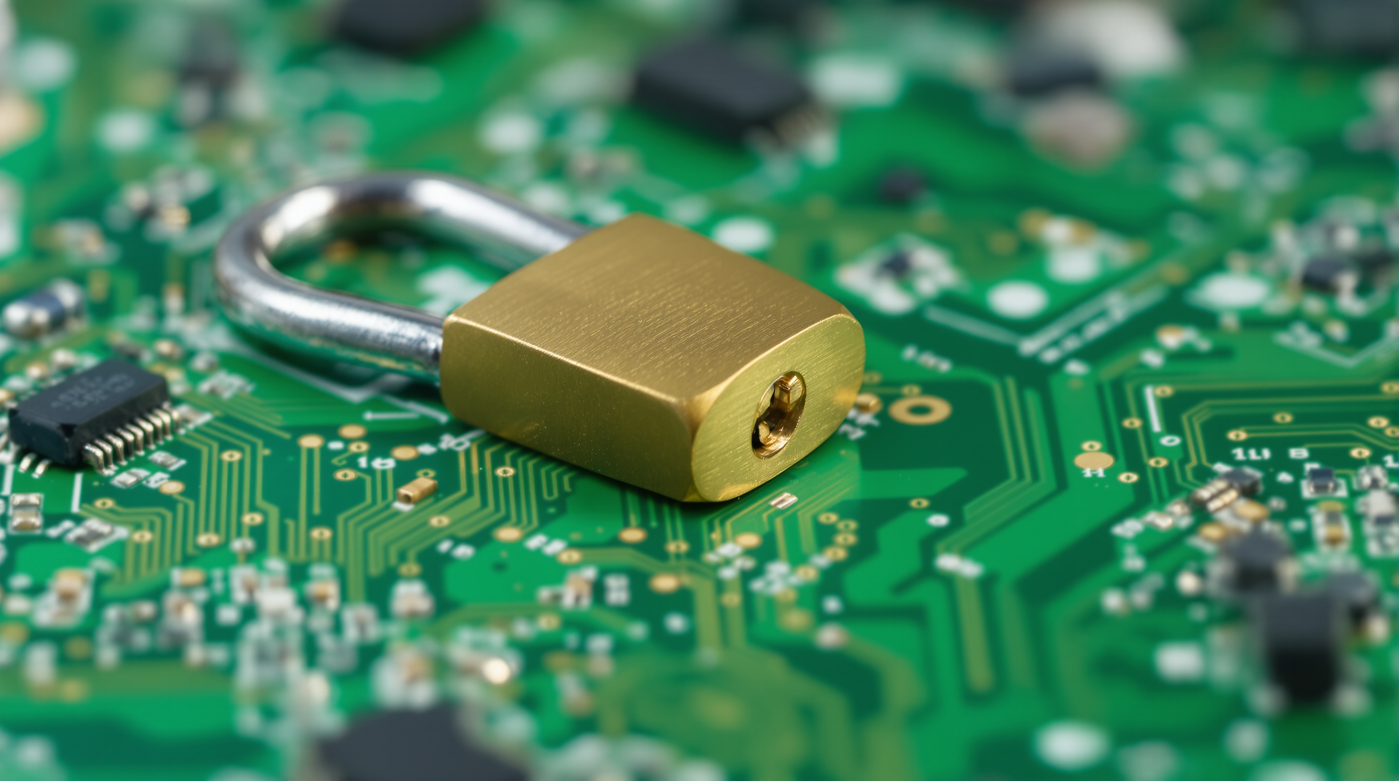 Close-up of a padlock resting on printed circuit board with data cables running alongside it