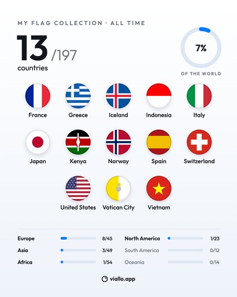 The Flags share image at post size: MY FLAG COLLECTION, ALL TIME, 13 of 197 countries, a ring at 7% of the world, thirteen round flags with their names, and a bar for each continent.