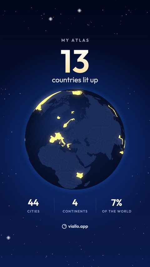 The Night globe share image at story size: MY ATLAS, 13 countries lit up, a dark globe with the visited countries glowing amber, and 44 cities, 4 continents and 7% of the world.