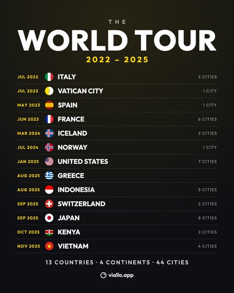 The World tour share image at post size: THE WORLD TOUR 2022 to 2025, thirteen rows from JUL 2022 Italy to NOV 2025 Vietnam with the cities in each, and 13 countries, 4 continents, 44 cities.