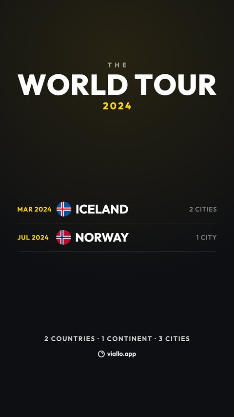 The World tour image for 2024: MAR 2024 Iceland, 2 cities, and JUL 2024 Norway, 1 city, then 2 countries, 1 continent, 3 cities.