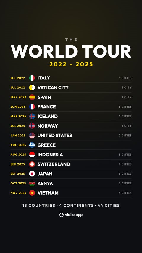 The World tour share image at story size: THE WORLD TOUR 2022 to 2025, thirteen rows from JUL 2022 Italy to NOV 2025 Vietnam with the cities in each, and 13 countries, 4 continents, 44 cities.