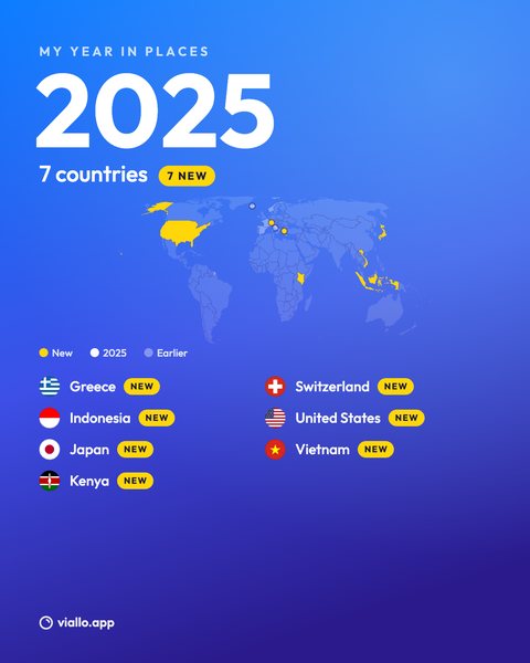 The My year share image at post size: MY YEAR IN PLACES, 2025, 7 countries, 7 NEW, a map with the new countries in yellow and the list Greece, Indonesia, Japan, Kenya, Switzerland, United States and Vietnam, each marked NEW.