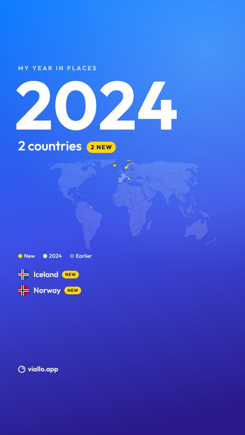 The My year image for 2024: 2 countries, 2 NEW, Iceland and Norway in yellow on the map and the earlier countries faint, with Iceland and Norway each marked NEW.