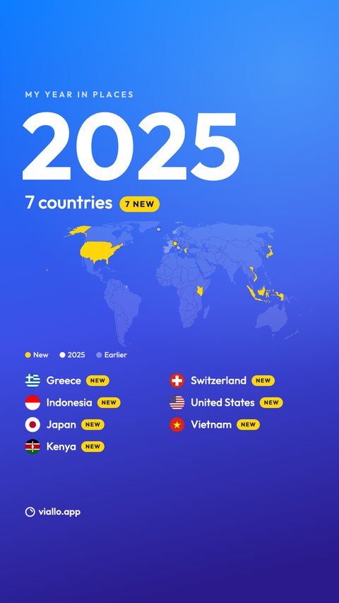 The My year share image at story size: MY YEAR IN PLACES, 2025, 7 countries, 7 NEW, a map with the new countries in yellow and the list Greece, Indonesia, Japan, Kenya, Switzerland, United States and Vietnam, each marked NEW.