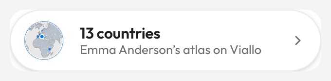 The Badge widget: a small globe, 13 countries and Emma Anderson's atlas on Viallo in one line