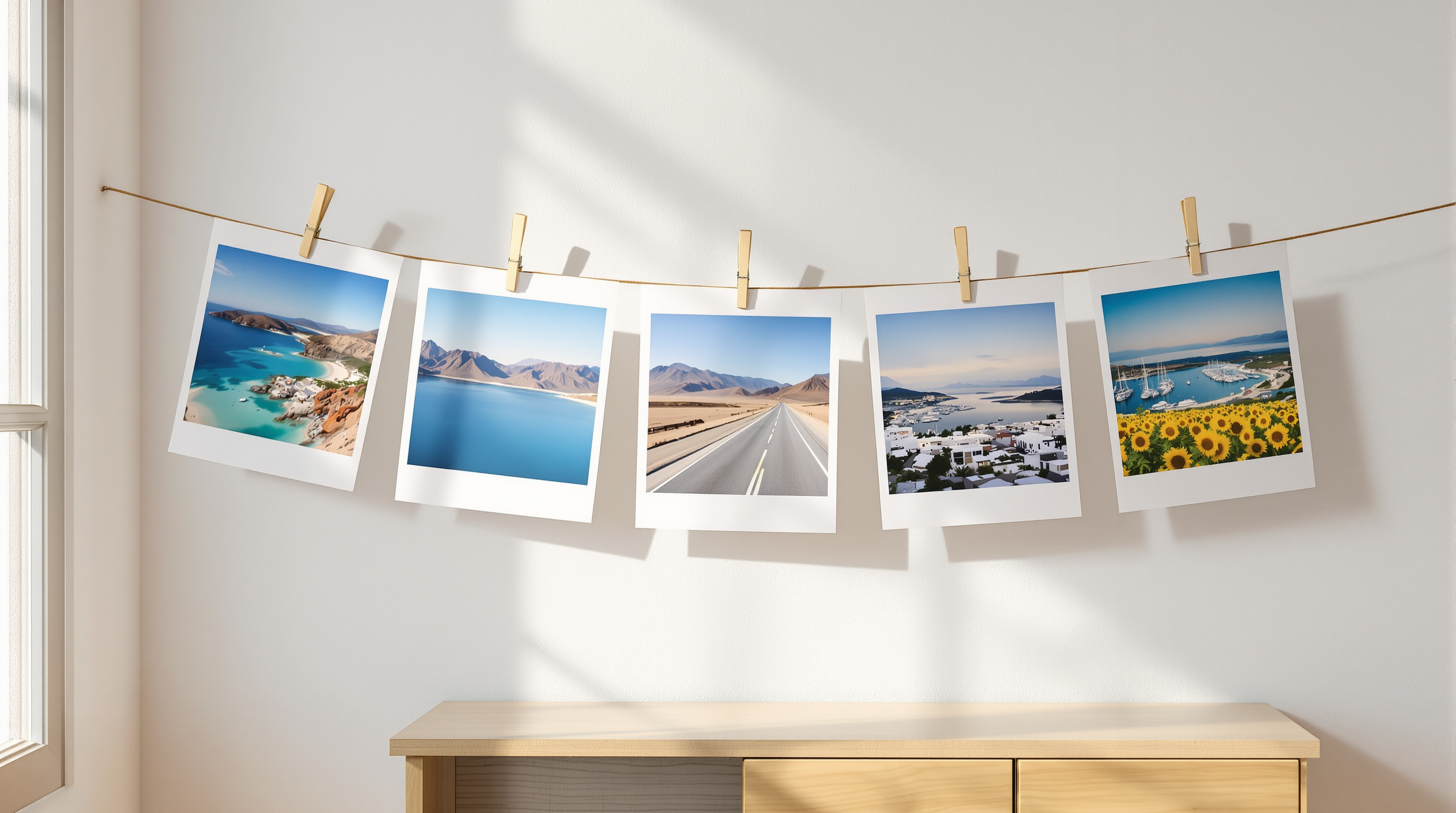 Five square travel prints hung from a linen string by wooden clothespins on a sunlit white wall above a wooden sideboard: a turquoise cove, a mountain lake, an empty desert road, a white harbor town and sunflowers by a marina