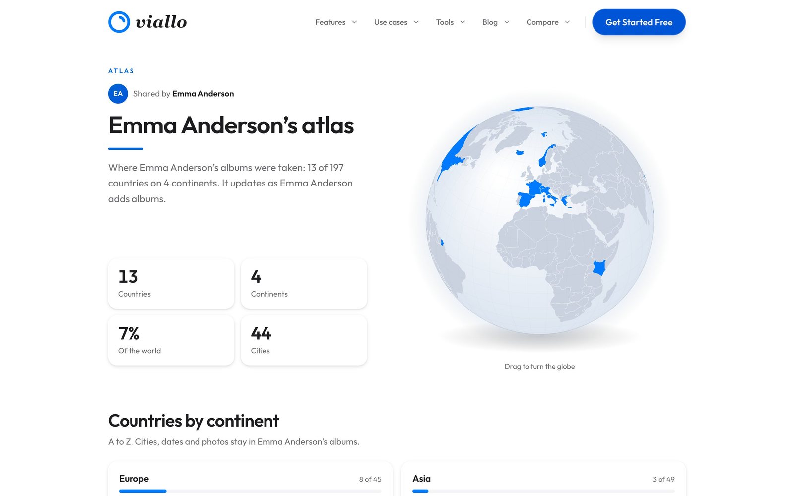 A public atlas page opened without signing in: Shared by Emma Anderson, the heading Emma Anderson's atlas, the line Where Emma Anderson's albums were taken: 13 of 197 countries on 4 continents. It updates as Emma Anderson adds albums., the tiles 13 Countries, 4 Continents, 7% Of the world and 44 Cities, a globe with the United States, Western Europe and Kenya colored, and the start of Countries by continent with Europe 8 of 45 and Asia 3 of 49