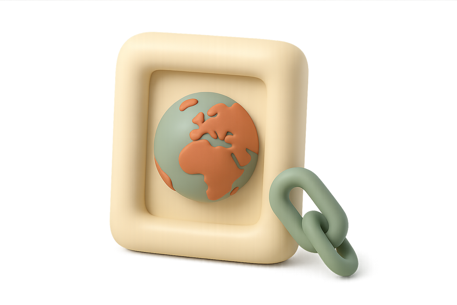 Illustration of a cream picture frame holding a small globe with terracotta continents and a sage-green chain link resting against its corner, in a matte rounded style