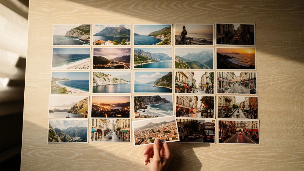 Printed travel photographs laid out in rows on a bright wooden table, one being lifted out