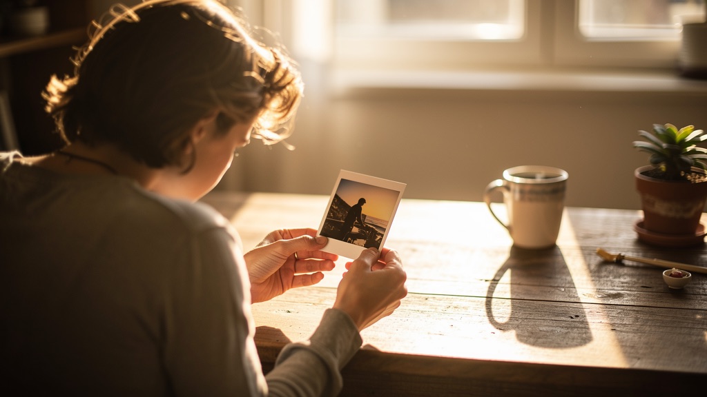 Someone at a sunlit table holding up a printed photograph to look at it