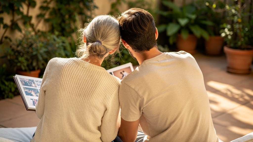 A family sitting together on a sofa in warm afternoon light, looking through a photo album