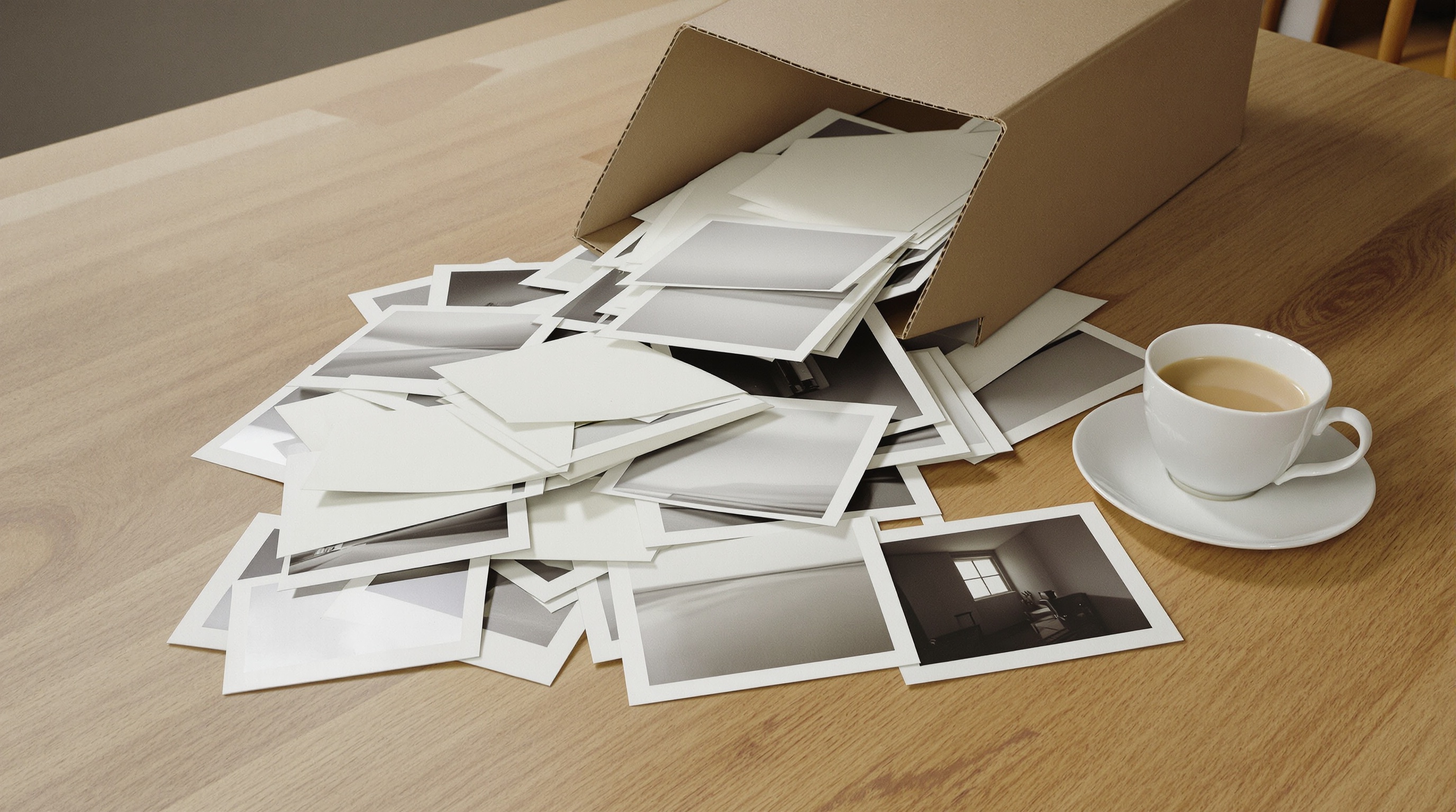 A shallow box of loose photographic prints spilled across a wooden kitchen table beside a cup of tea.