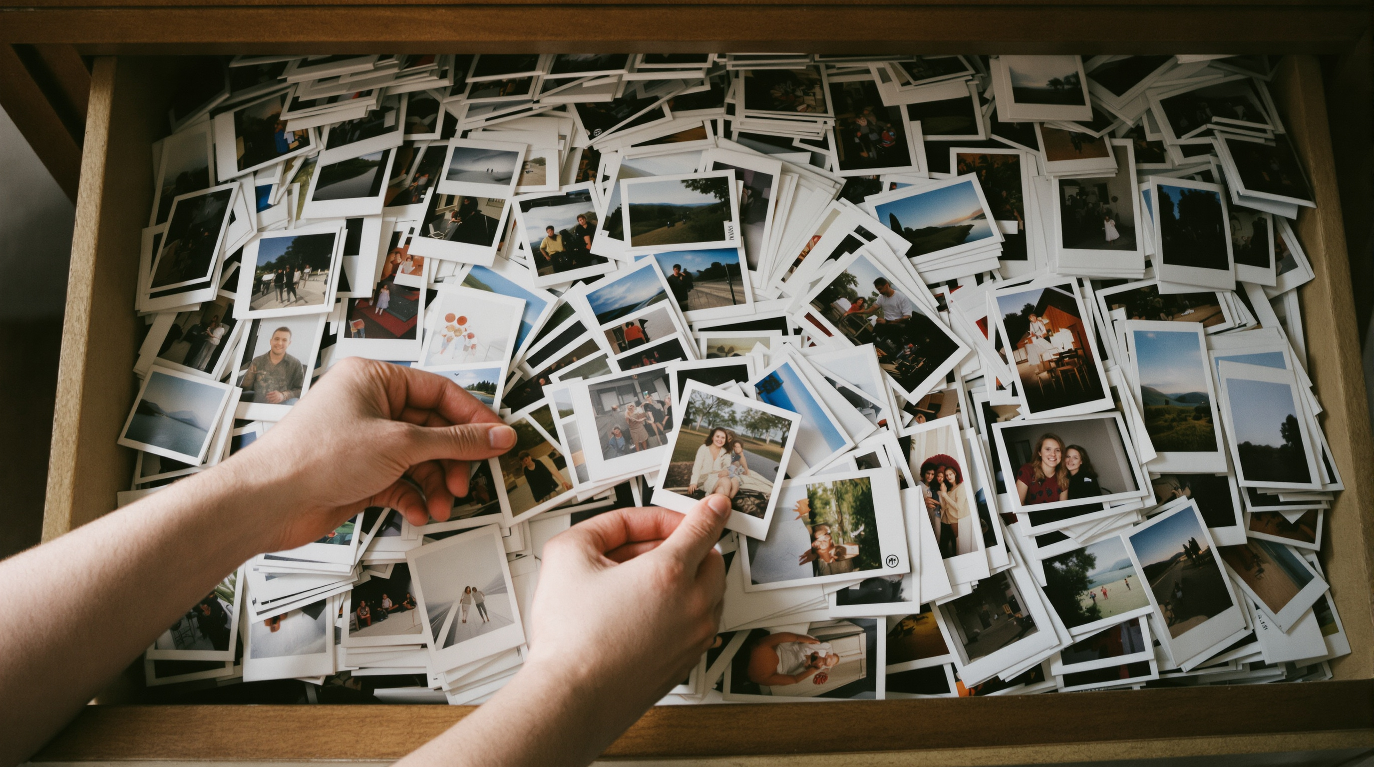 A deep drawer full of overlapping printed snapshots with a hand lifting a few out of the middle of the pile