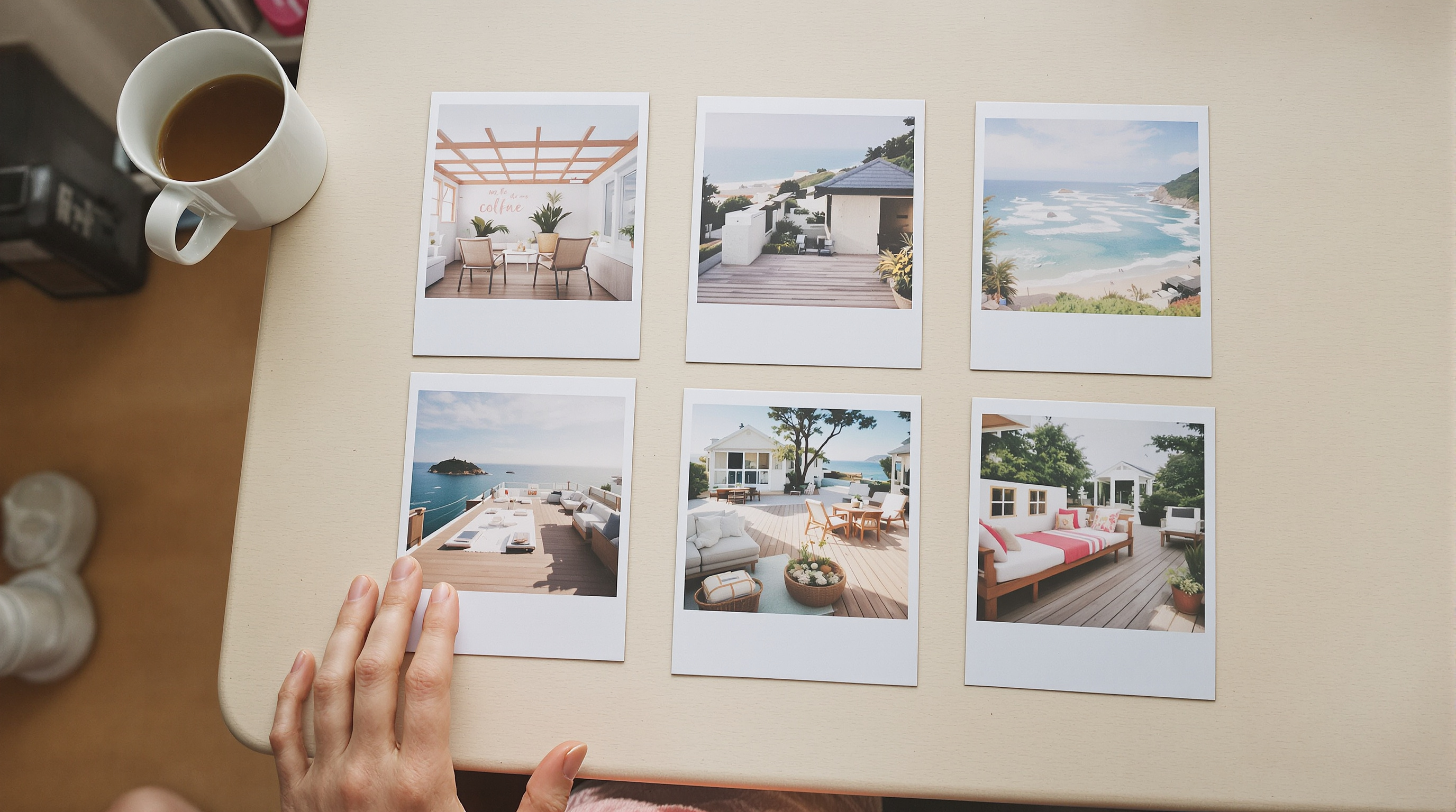 Printed photographs laid out in a neat grid on a pale wooden table beside a cup of coffee, soft window light from the left