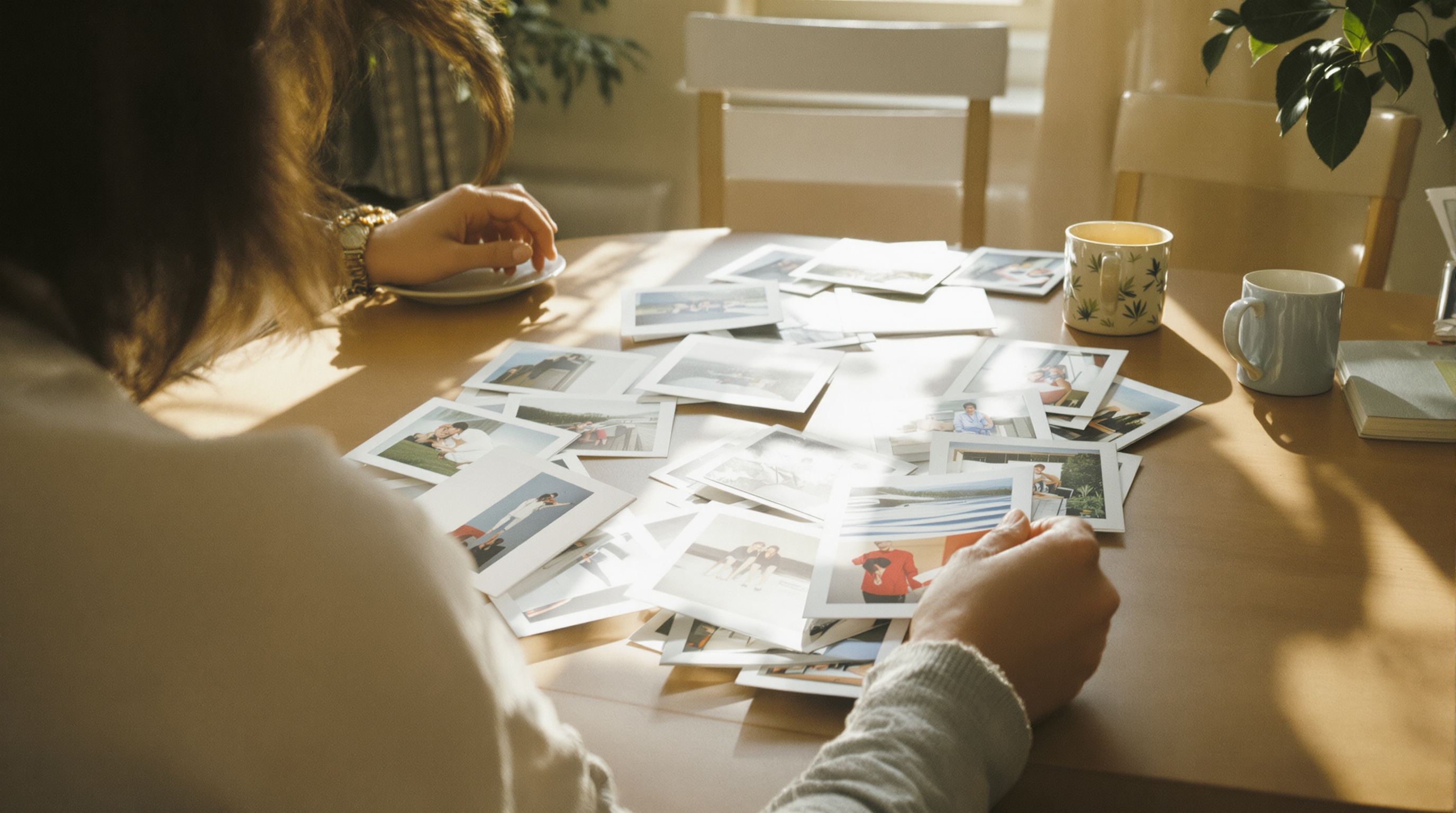 A person reviewing physical printed photographs at a kitchen table in warm morning light