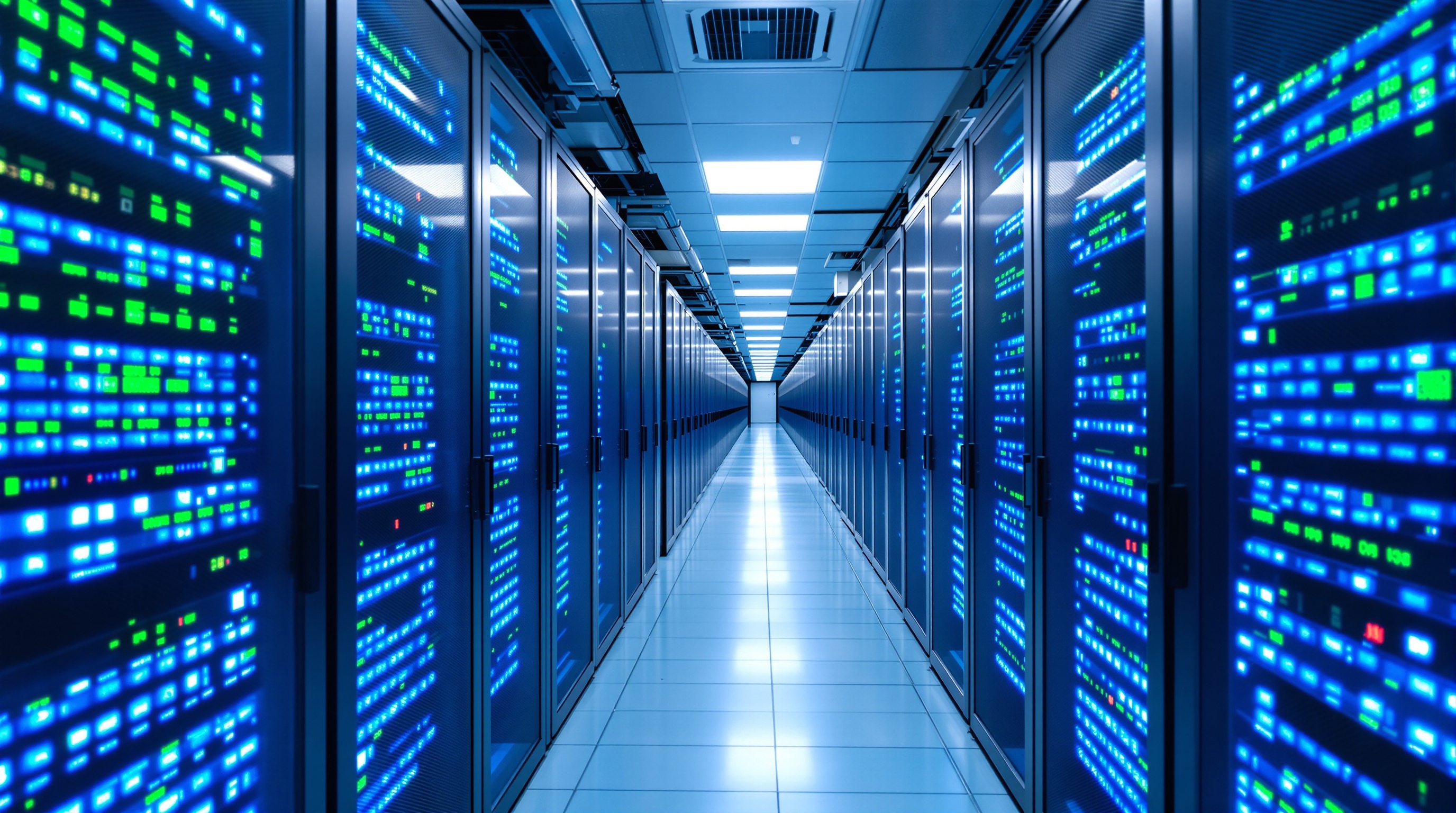 A server room corridor with rows of blinking server racks and cool blue LED lights