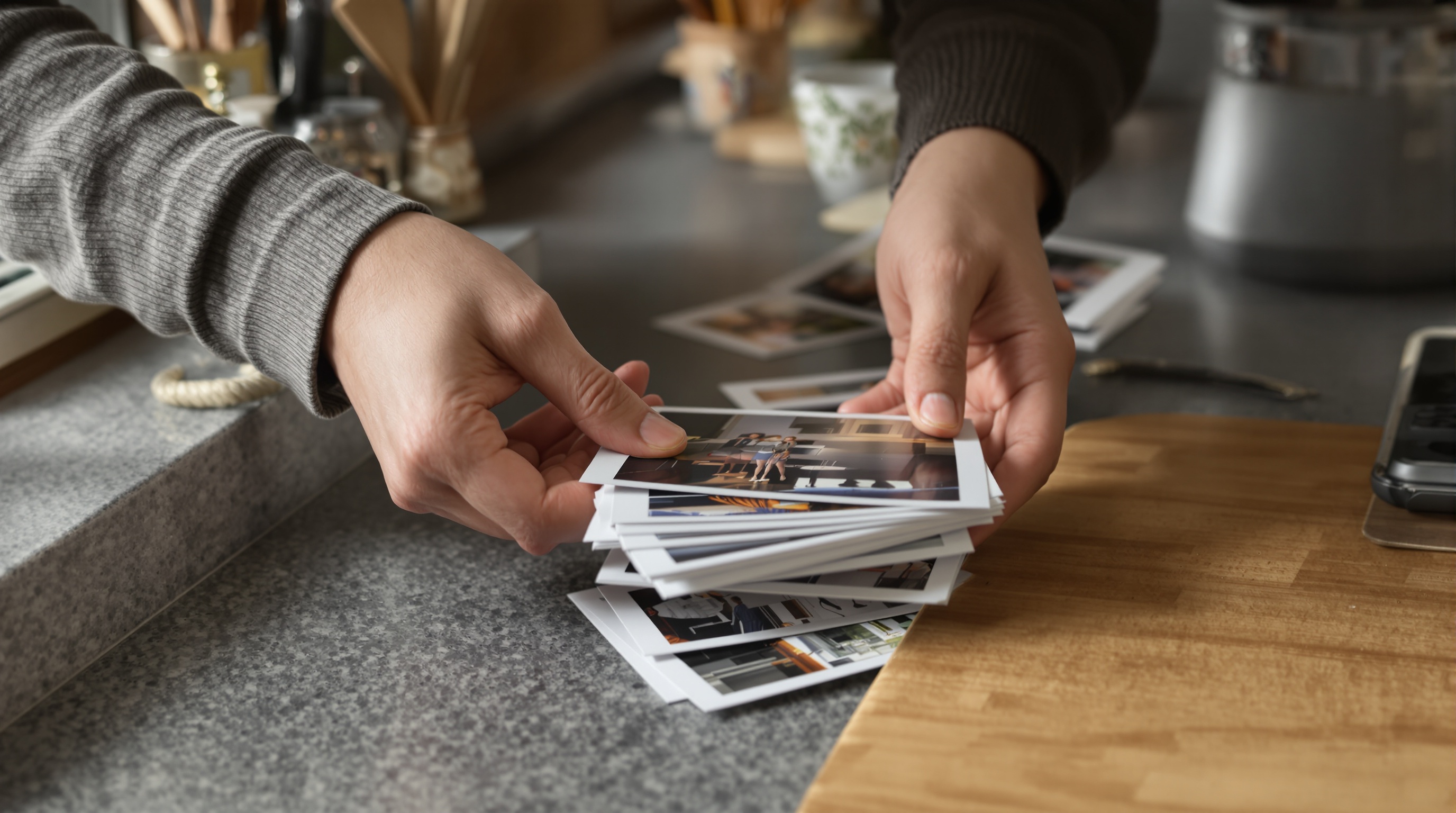 Hands holding a printed family photograph over a kitchen table with soft natural light