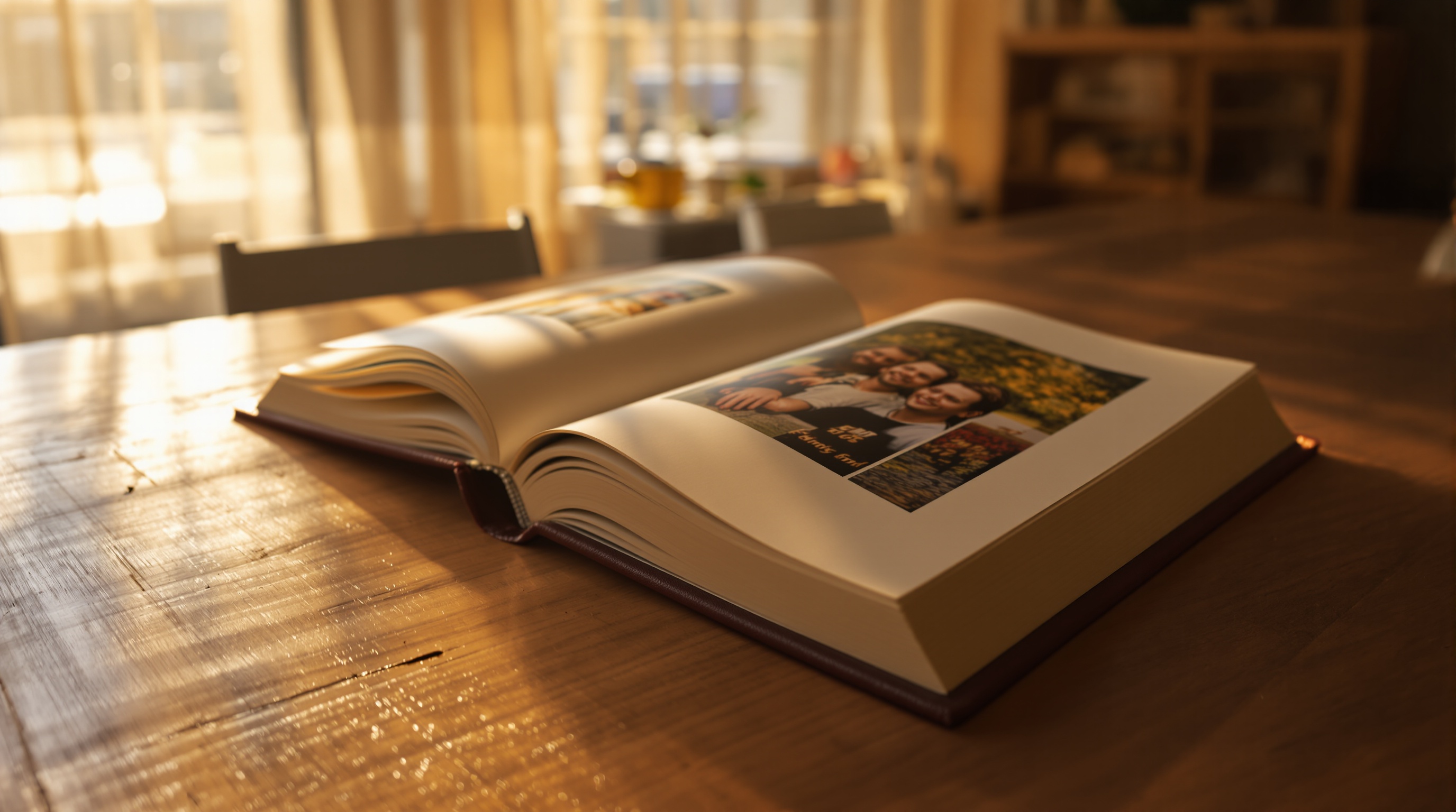 A family photo album lying open on a wooden table with warm afternoon light coming through a nearby window