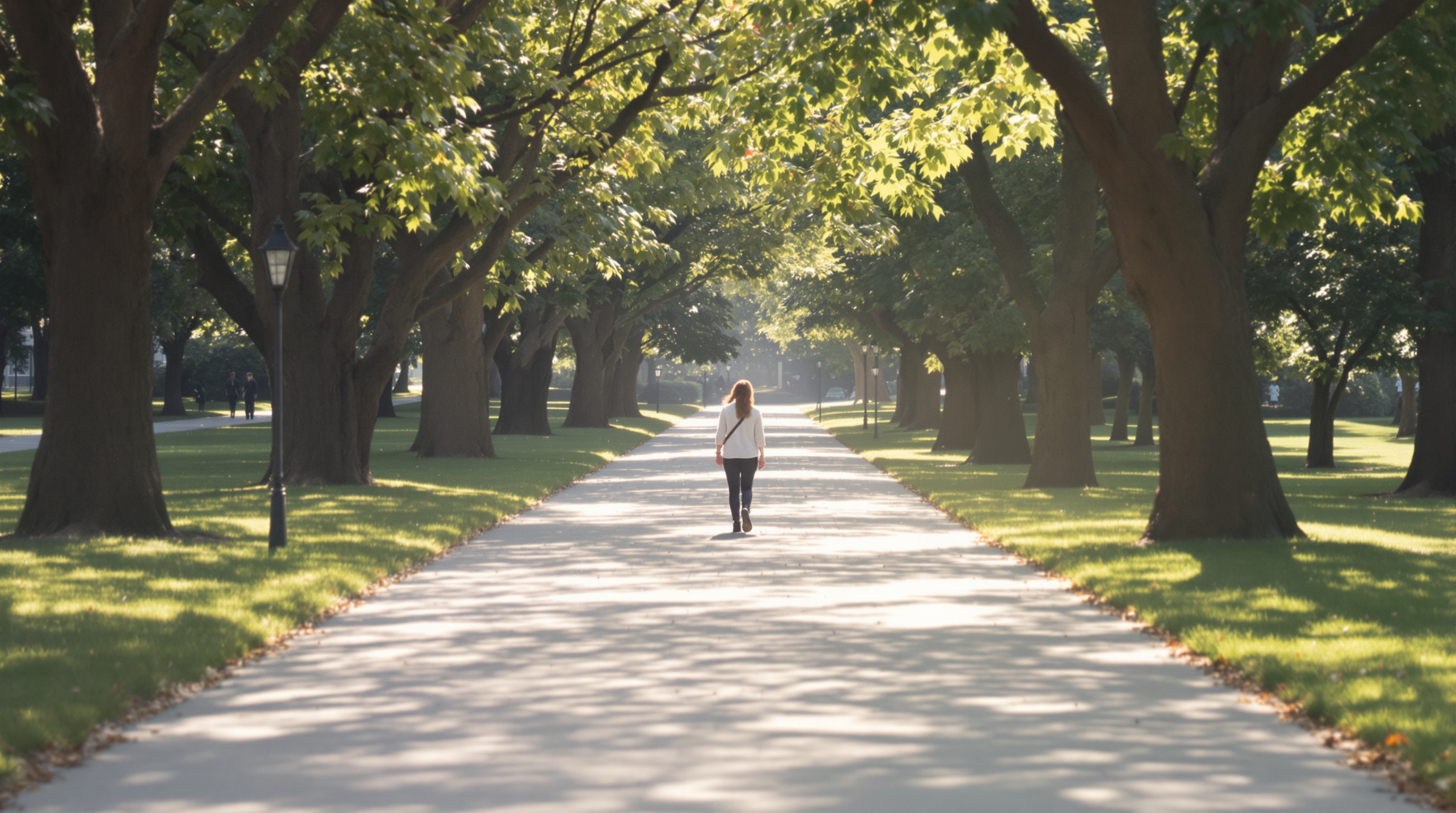A person walking through a sunlit park path seen from behind at a distance, dappled light through trees, shot on Sony A7III with 85mm f/1.4, shallow depth of field, slightly desaturated tones, gentle film grain ISO 400