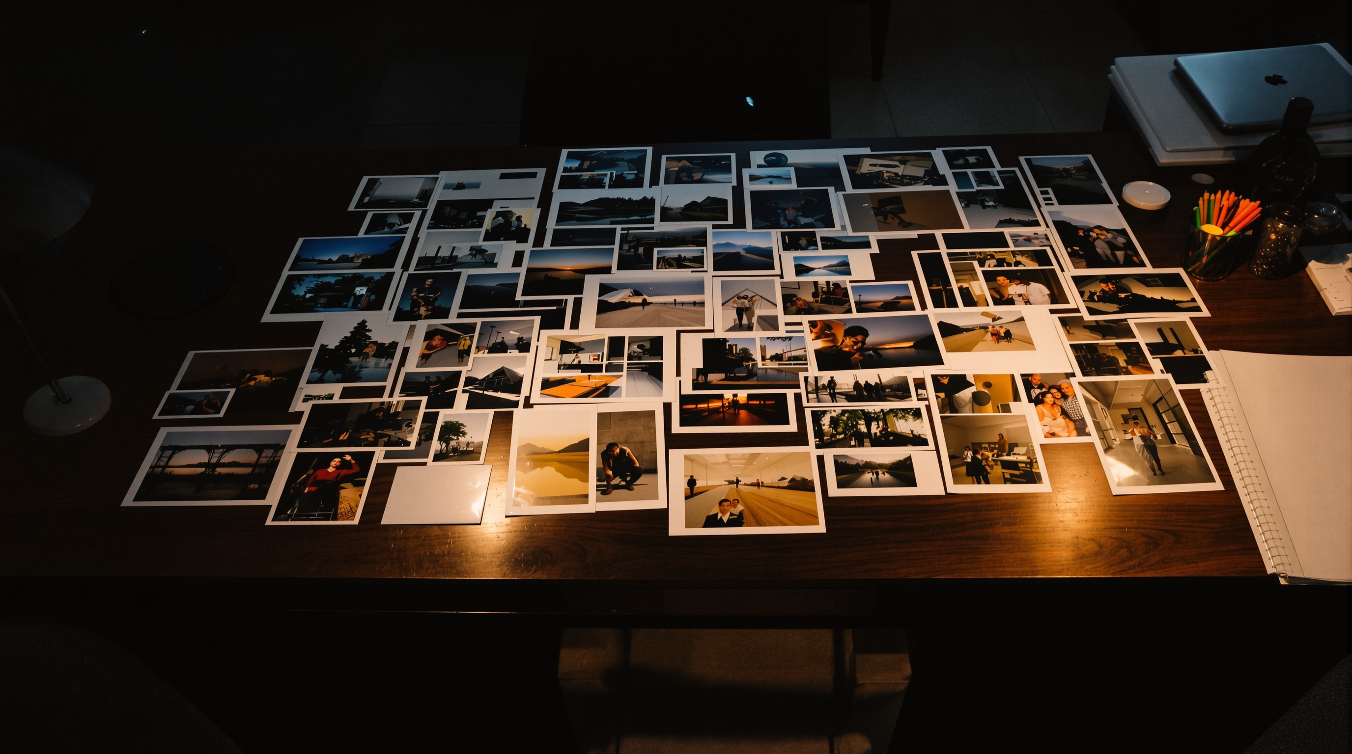 A row of printed photographs spread across a dark wooden desk, some overlapping, seen from above in an office environment with warm desk lamp lighting, shot on Fujifilm X-T5 with 23mm f/1.4, slight film grain