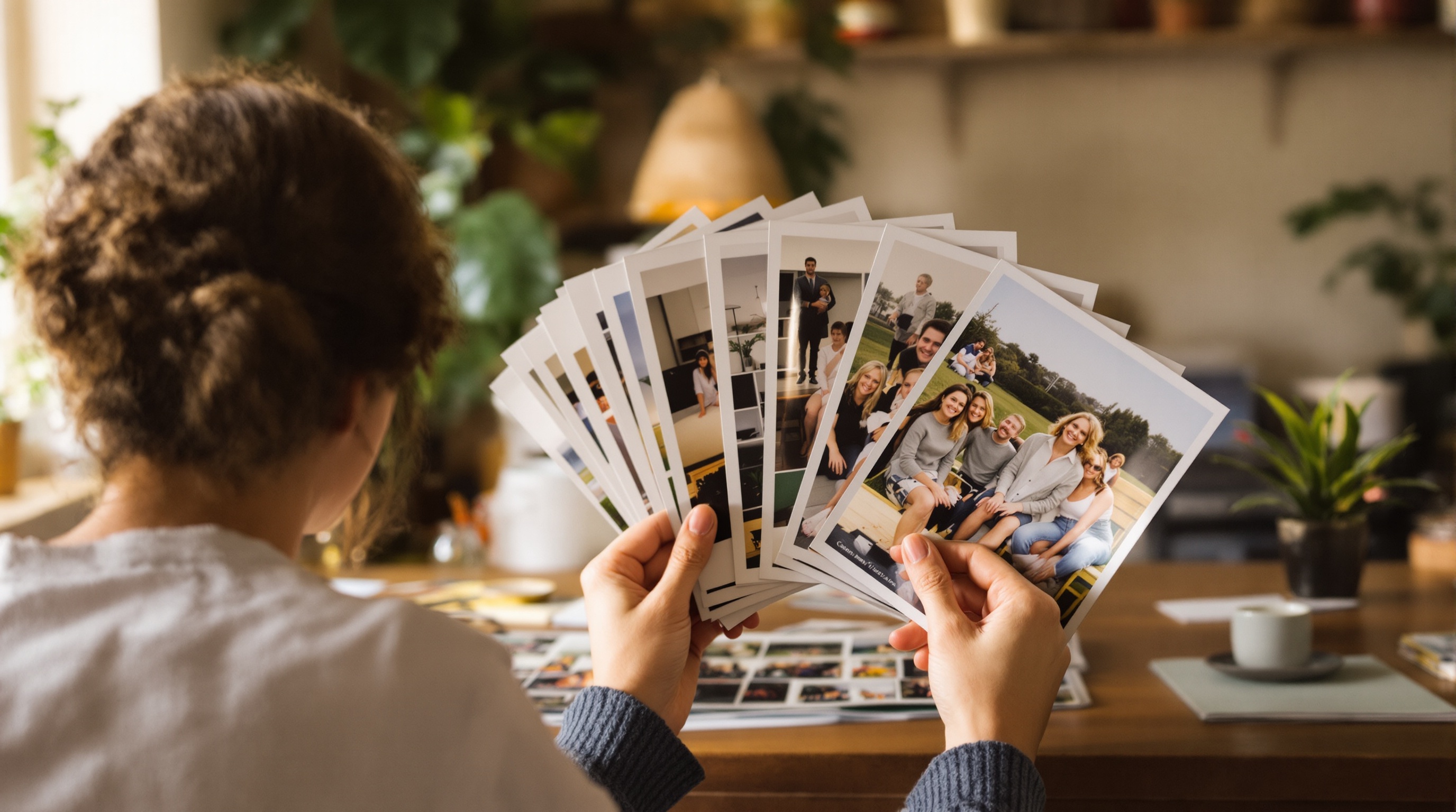 A person reviewing photographs on a tablet at a wooden desk with warm natural light