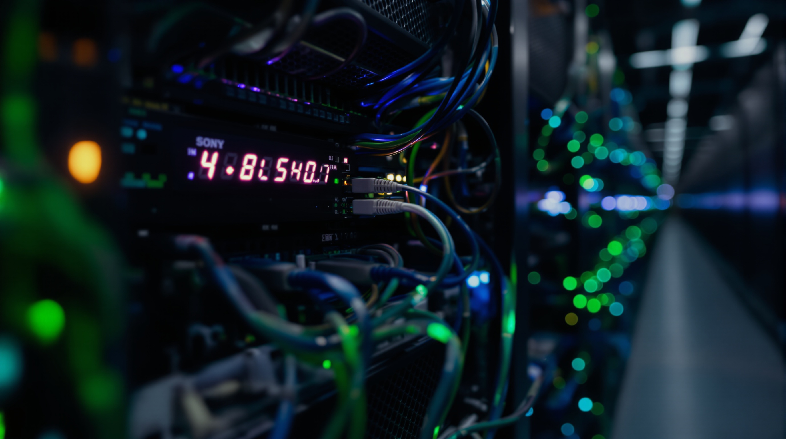 Rows of server racks in a dimly lit data center with blue and green LED status lights, cables running overhead