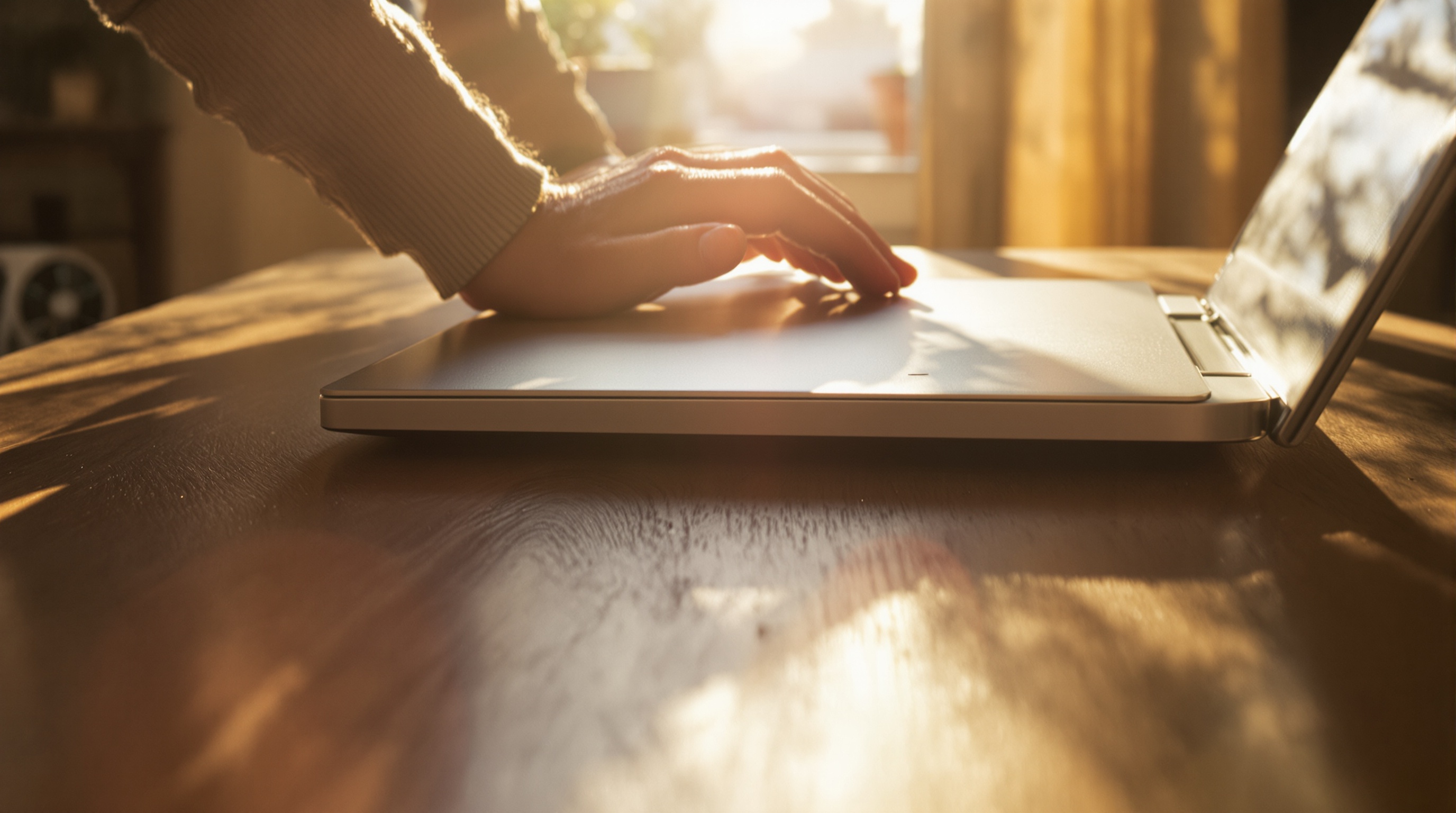 A person closing a silver laptop lid on a wooden kitchen table with warm morning sunlight streaming through a window