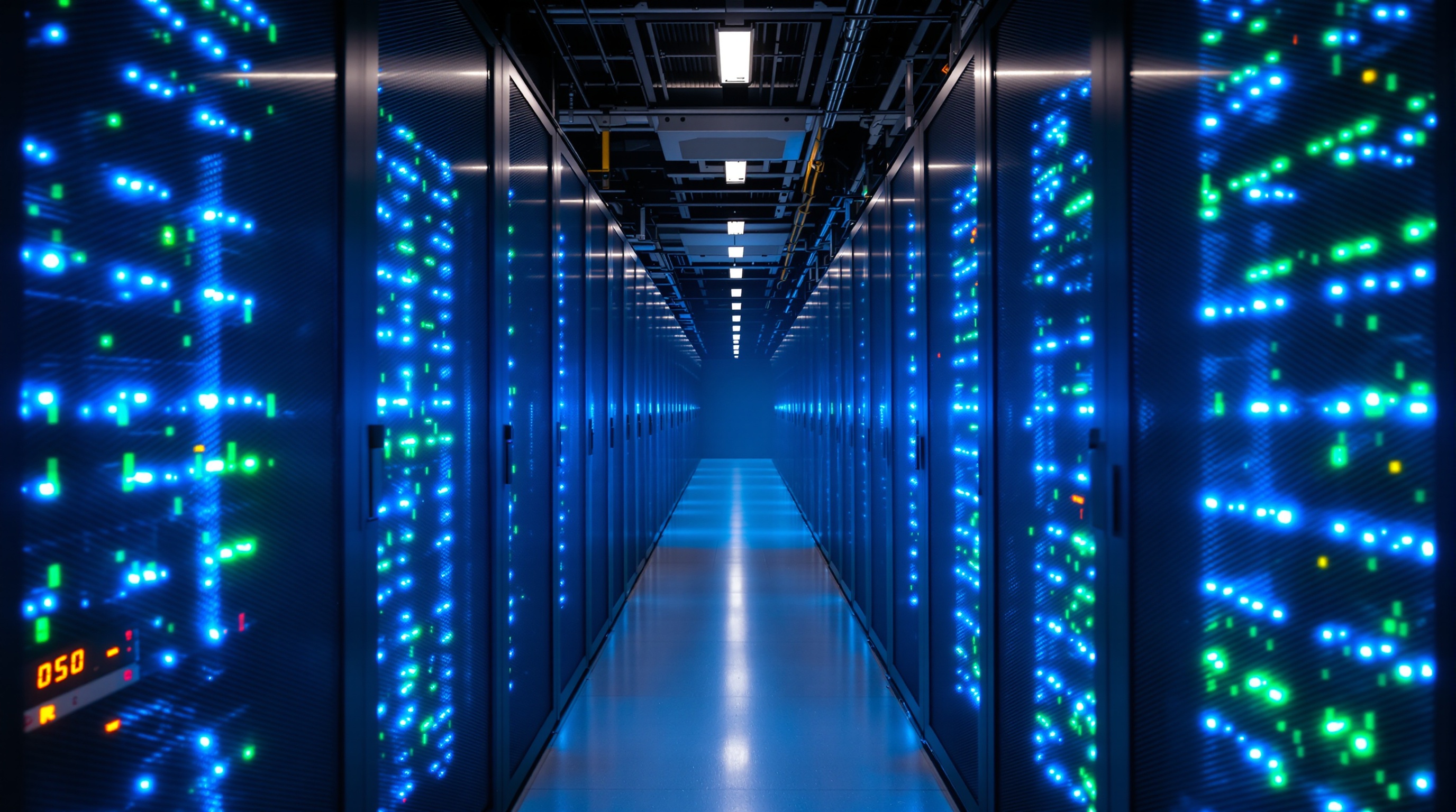 A long corridor of server racks in a data center with blue and green LED status lights glowing in rows