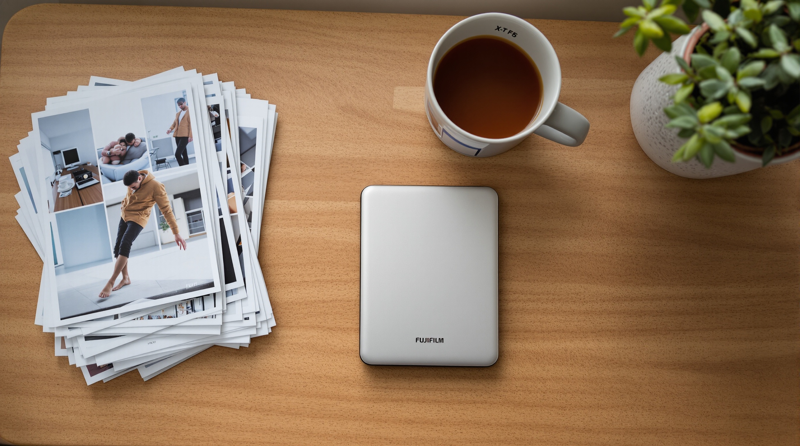 Person organizing printed photographs on a wooden table, natural side lighting, overhead angle