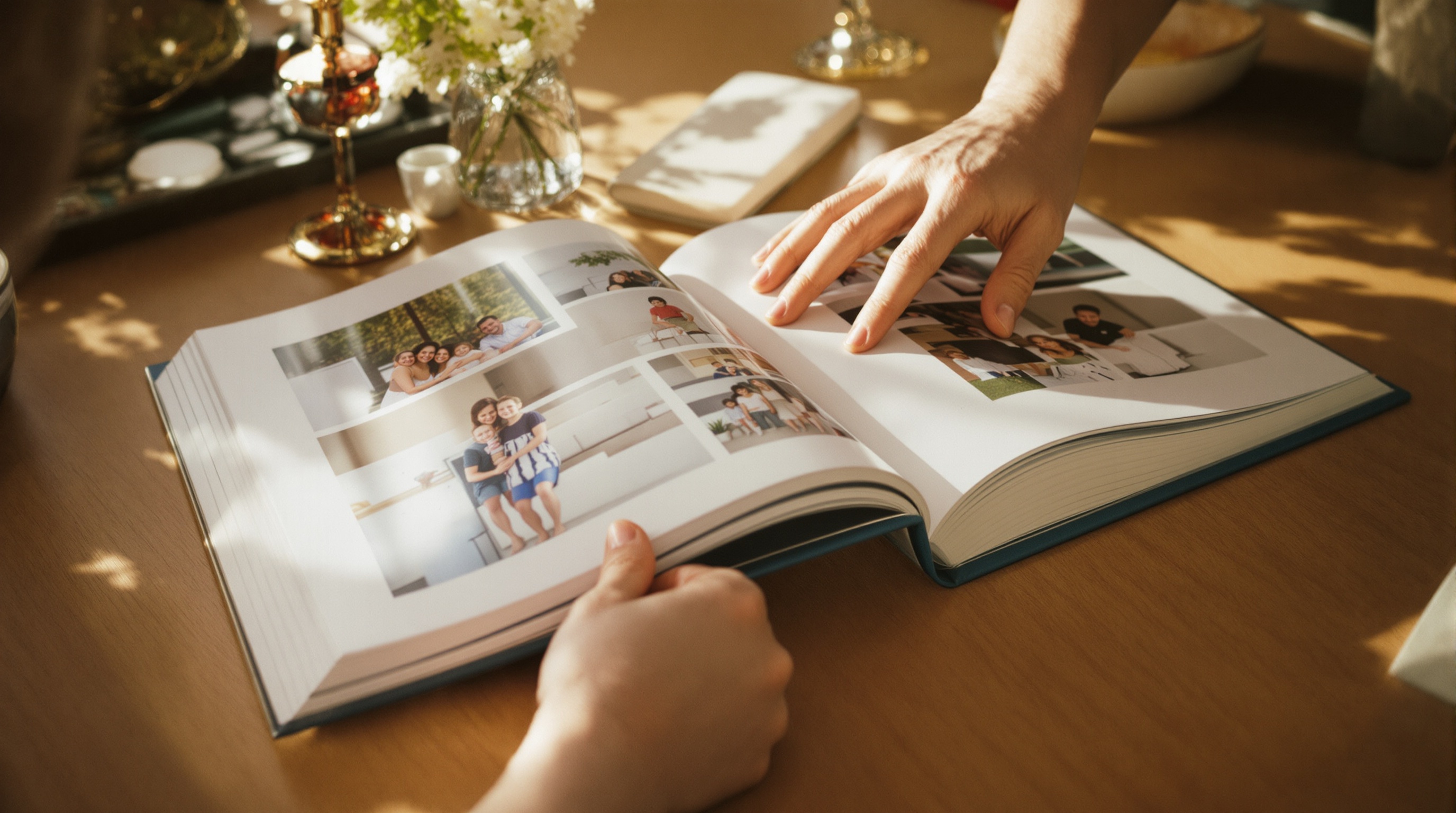 Family photo album being flipped through by hands on a quiet dining table, warm afternoon light