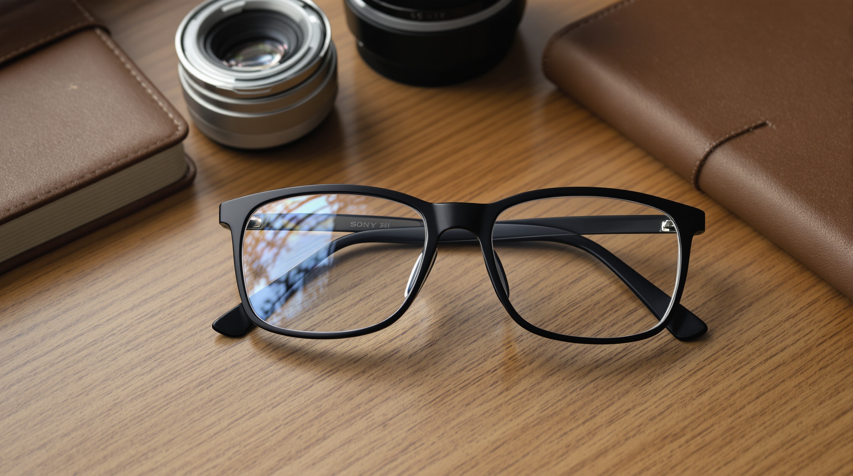 Close-up of Ray-Ban style smart glasses on a wooden desk next to a small camera lens and notebook, editorial still life