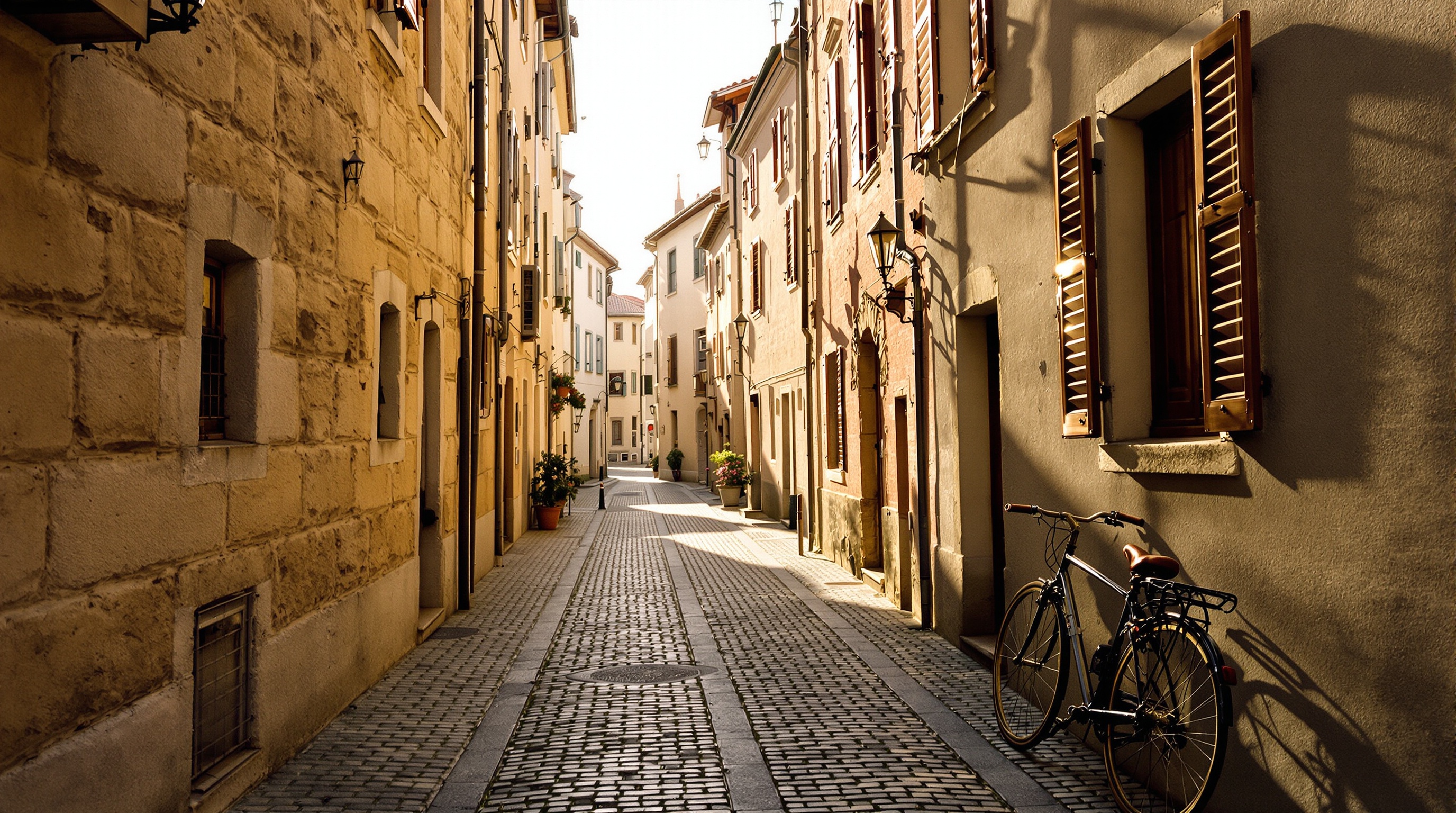 European city street with old stone buildings and window shutters, afternoon light casting long shadows, Fujifilm classic chrome look