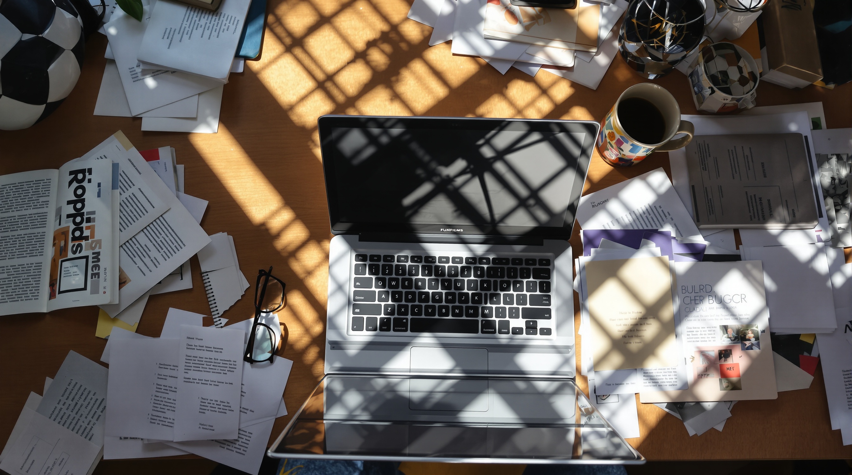 Laptop open to a browser on a cluttered desk, a web page reflected in reading glasses beside the keyboard, editorial overhead shot