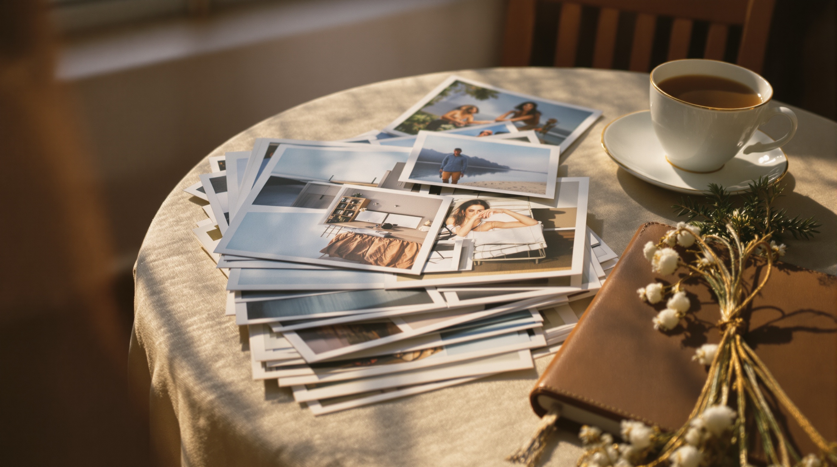 A stack of printed photographs on a linen tablecloth next to a closed leather photo album, warm afternoon light from a nearby window, shot on Canon R5 with 85mm f/1.4, shallow depth of field, soft warm tones