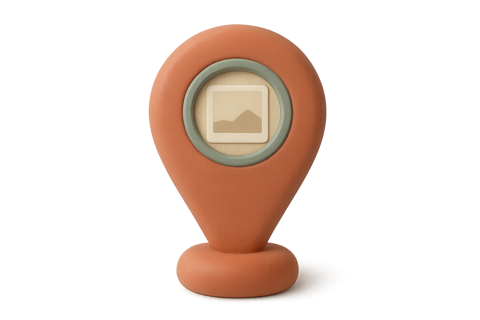 Matte three-dimensional illustration of a rounded map pin whose circular head holds a single photograph