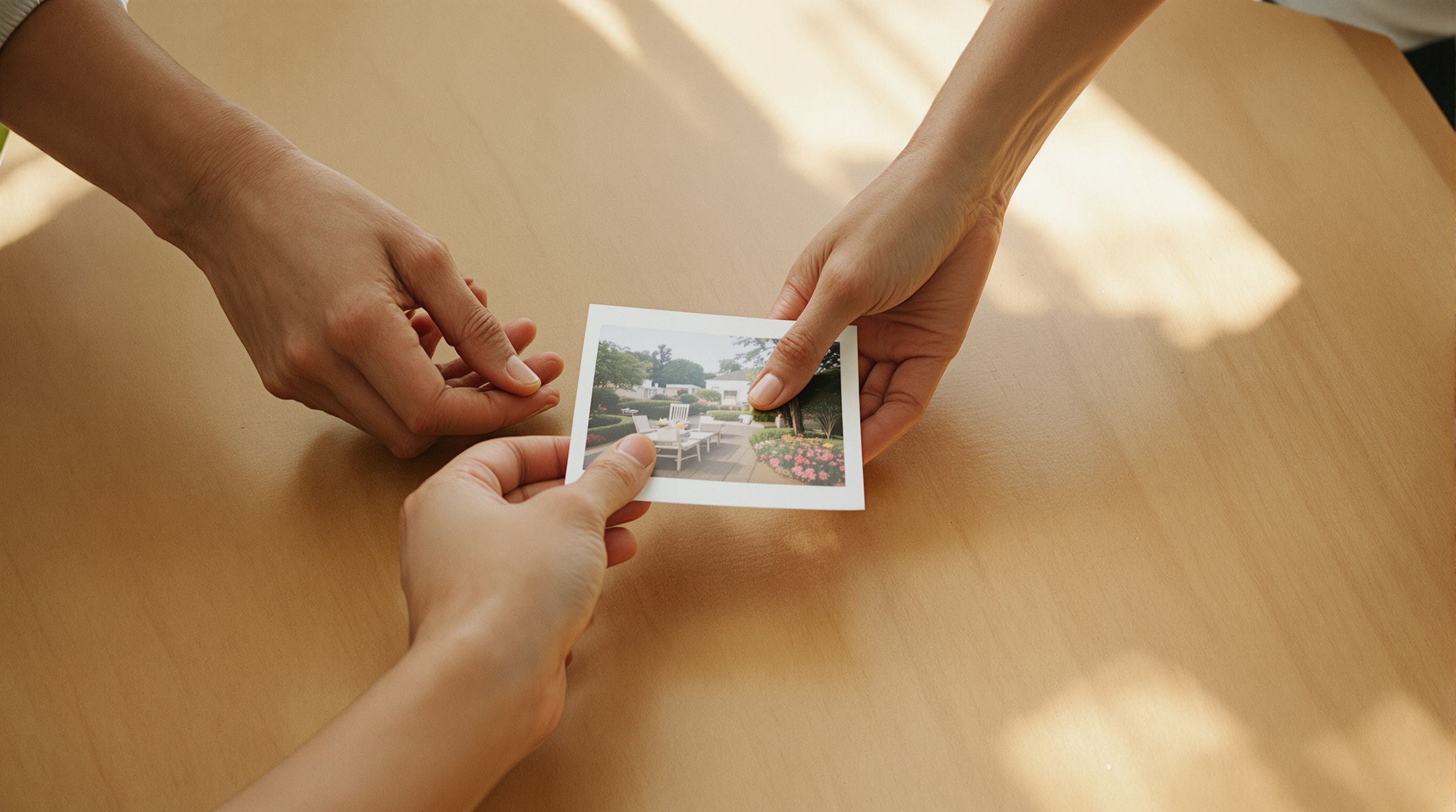 Two hands passing a single printed photograph across a table while the giver still holds the rest of the stack, late afternoon light