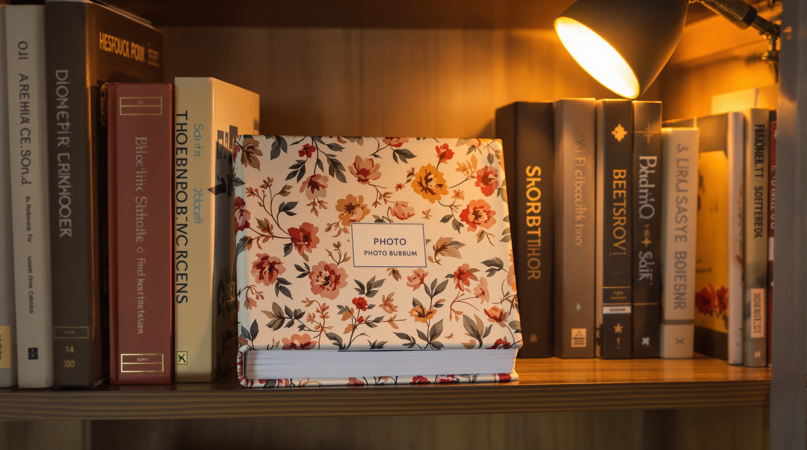 A printed family photo album sitting on a bookshelf between other books, warm ambient light from a desk lamp