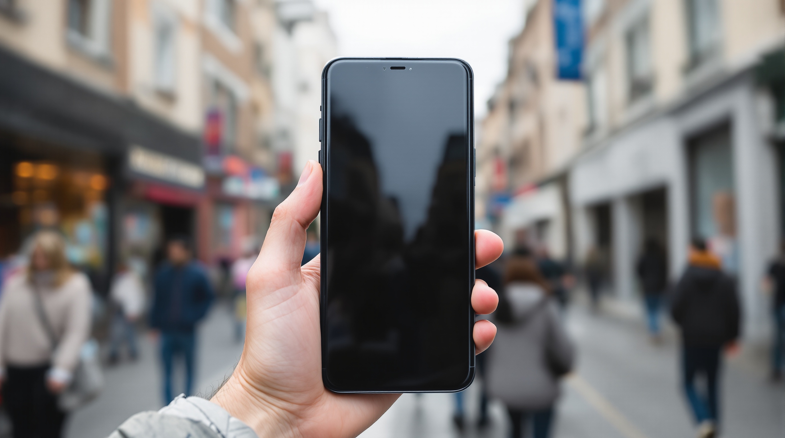 Close-up of a hand holding a phone from behind, the phone screen not visible, urban street scene blurred in background