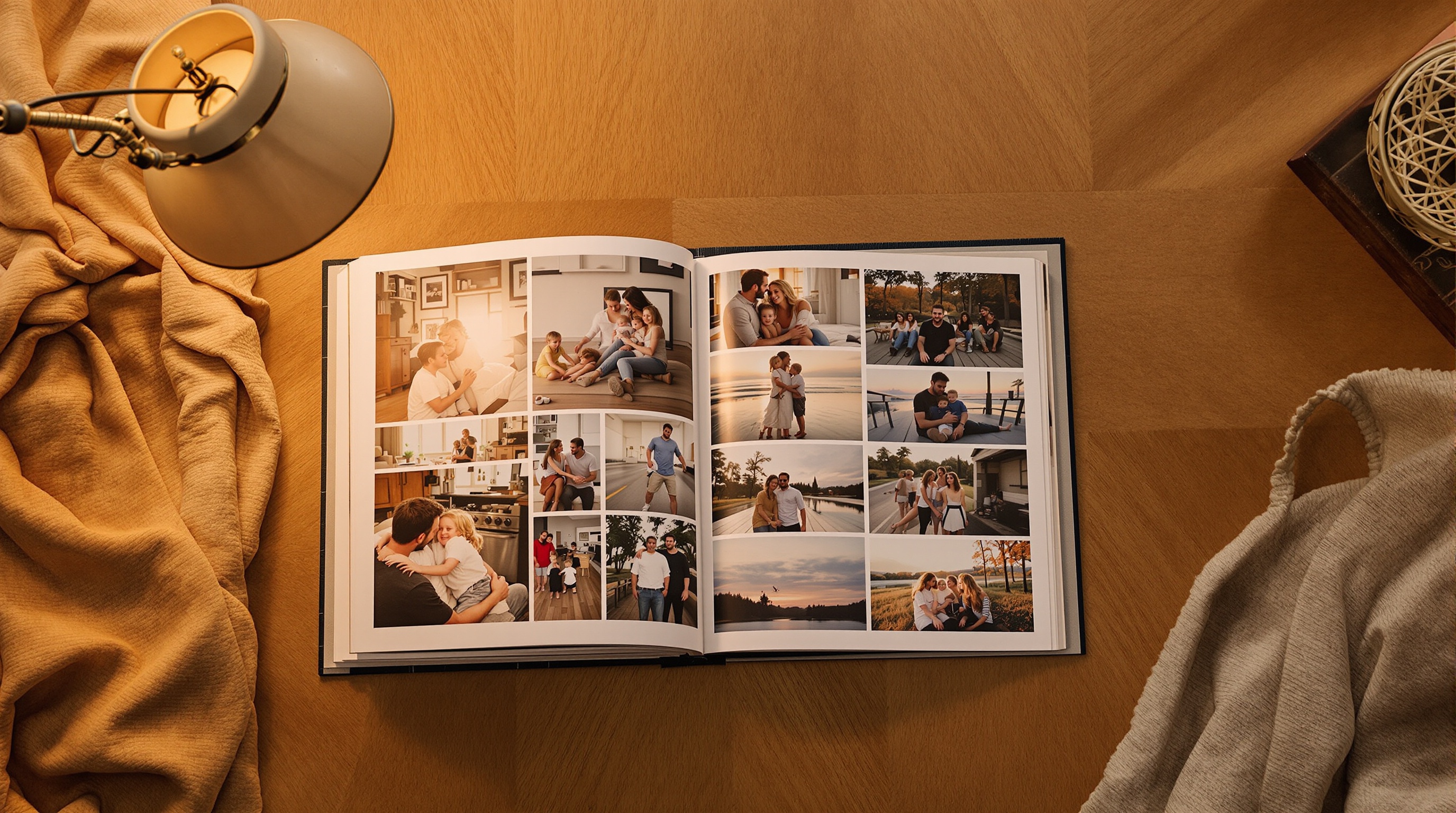Family photo album open on a coffee table with a warm reading lamp nearby, overhead flat lay composition, warm amber tones, slight film grain ISO 400