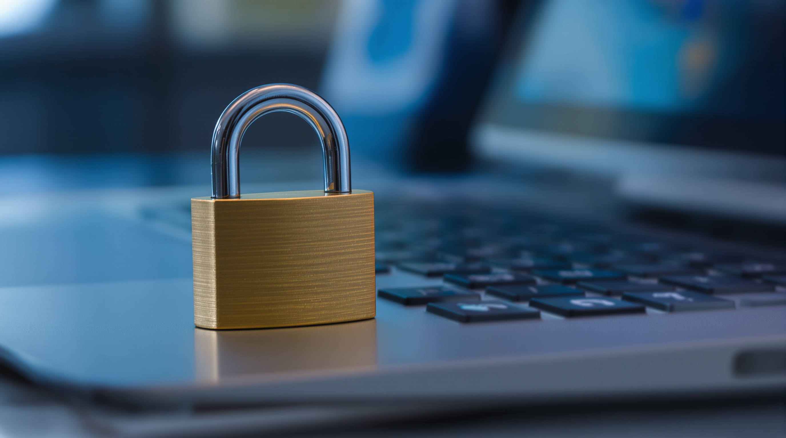 Close-up of a padlock sitting on top of a closed laptop, shallow depth of field at f/2.0, cool blue ambient light from a nearby window, product photography style