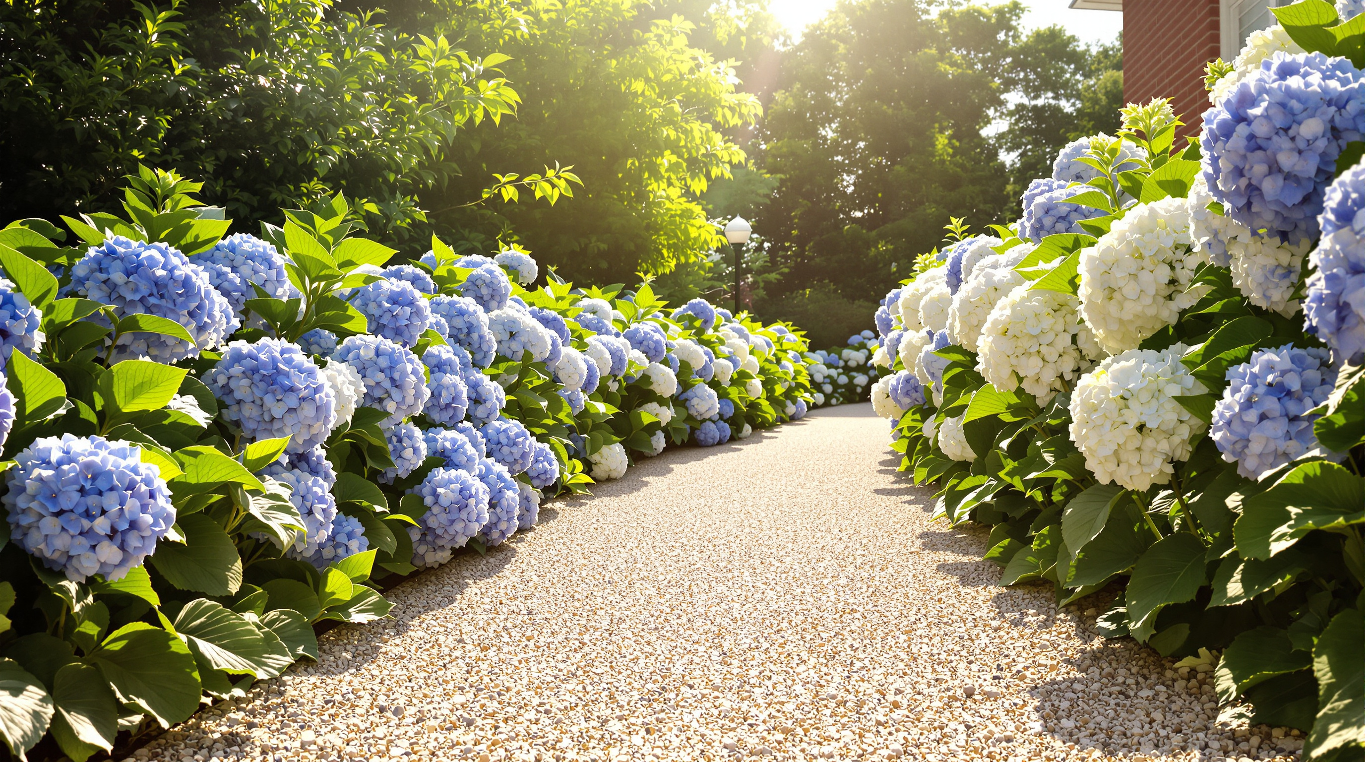 A gravel garden path lined with blue and white hydrangeas in morning sun