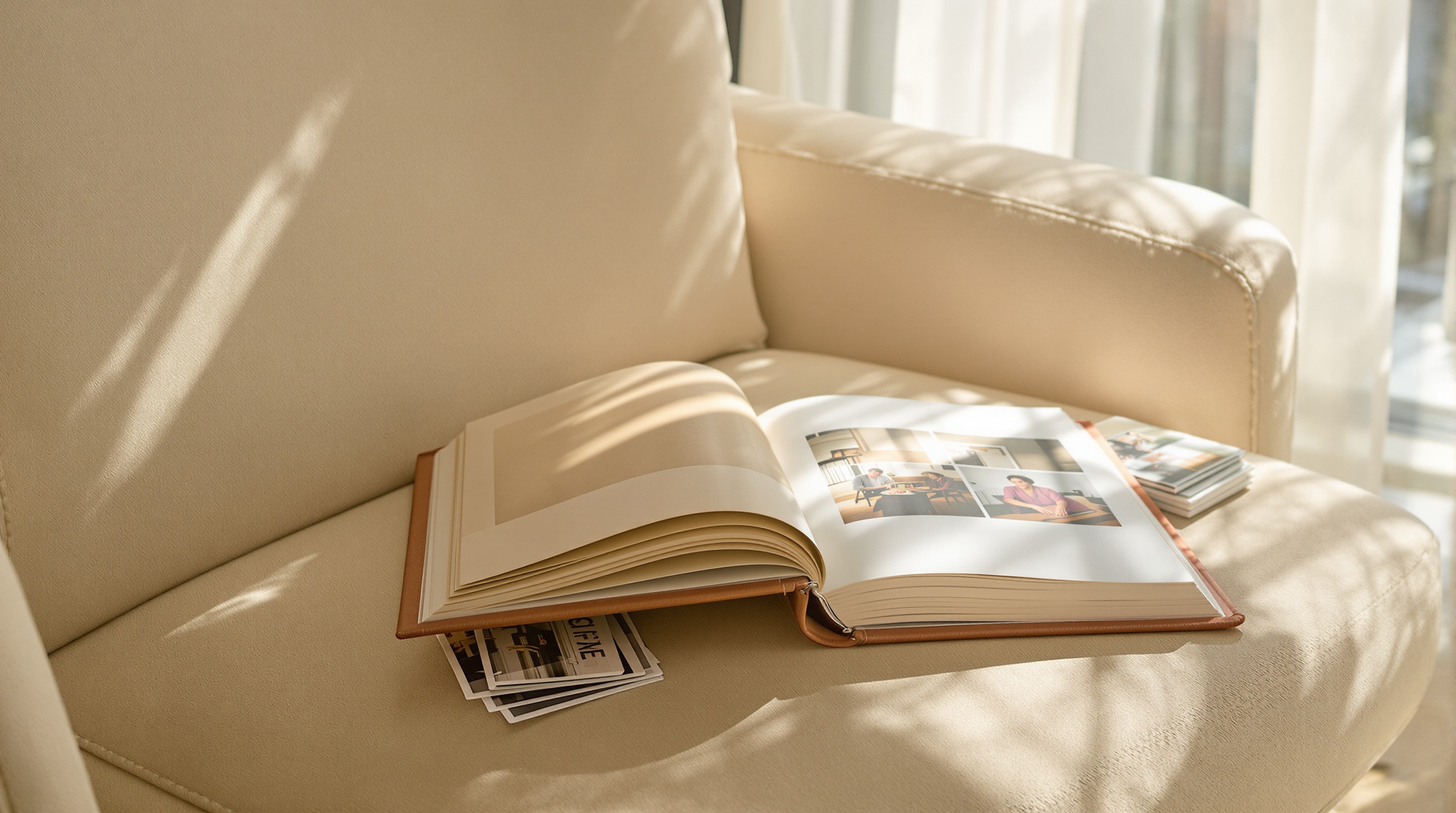 Open photo album on a cozy reading chair with afternoon light through sheer curtains